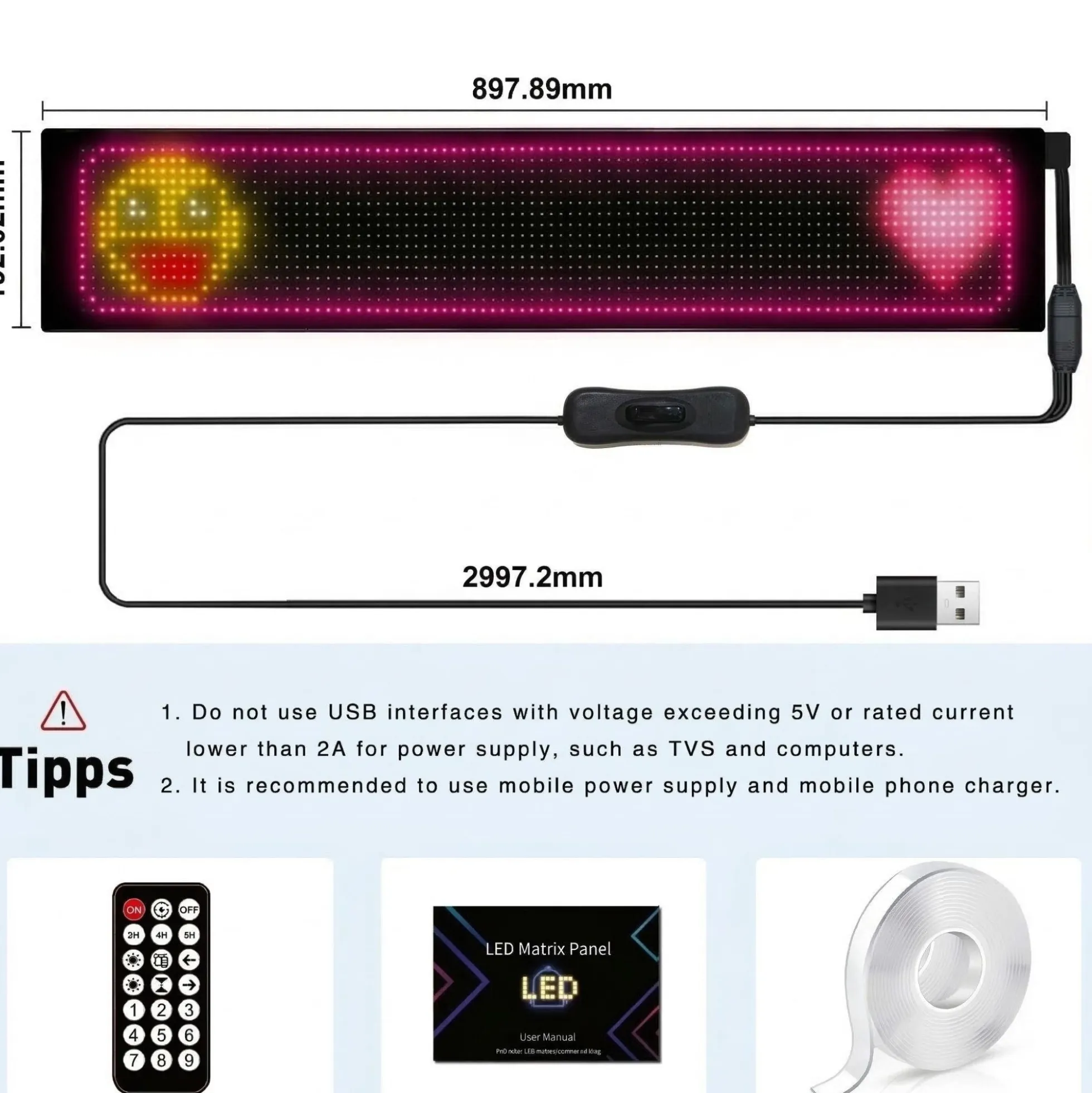 Display LED flexible programable - 89 x 19 cm - USB + Bluetooth + mando a distancia