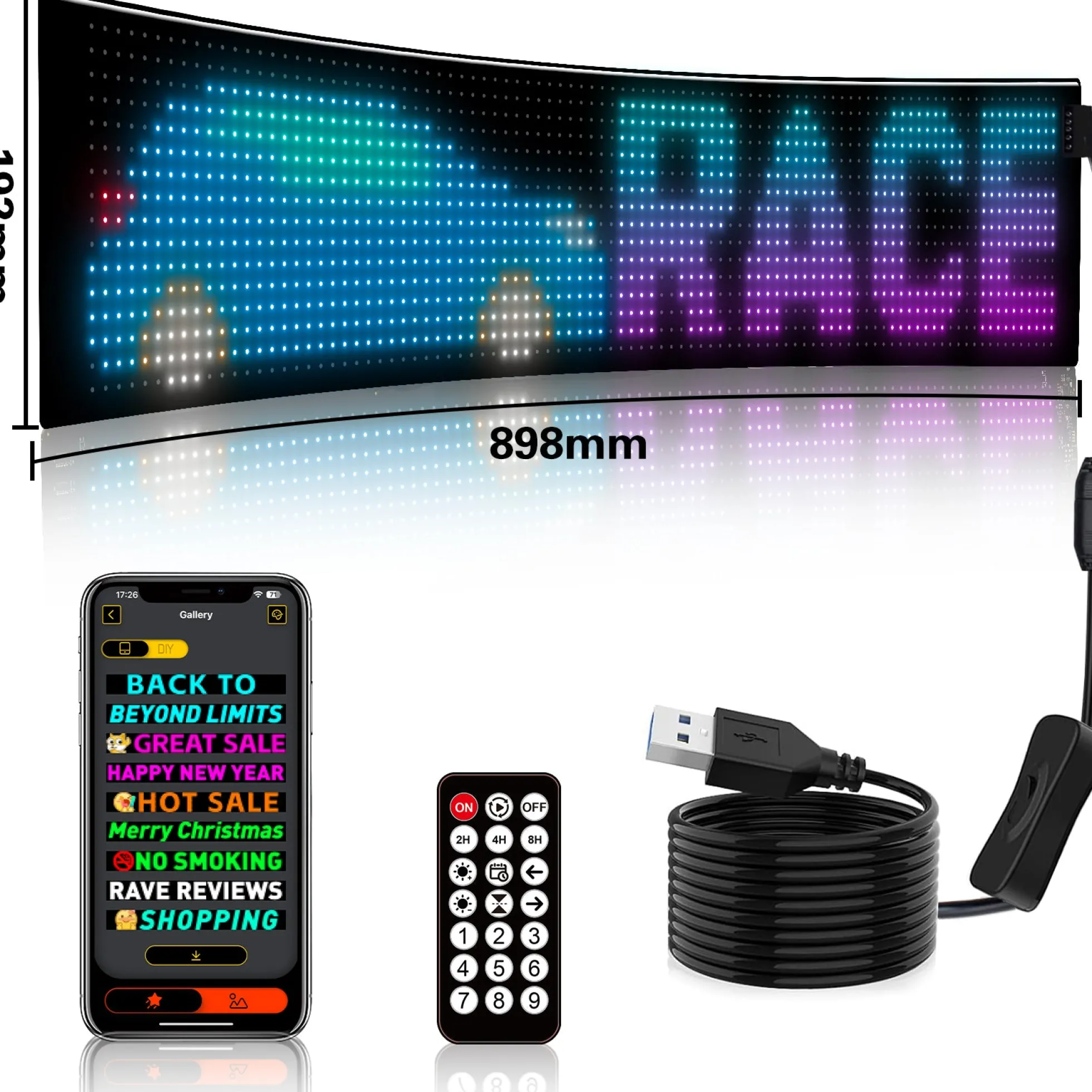 Display LED flexible programable - 89 x 19 cm - USB + Bluetooth + mando a distancia