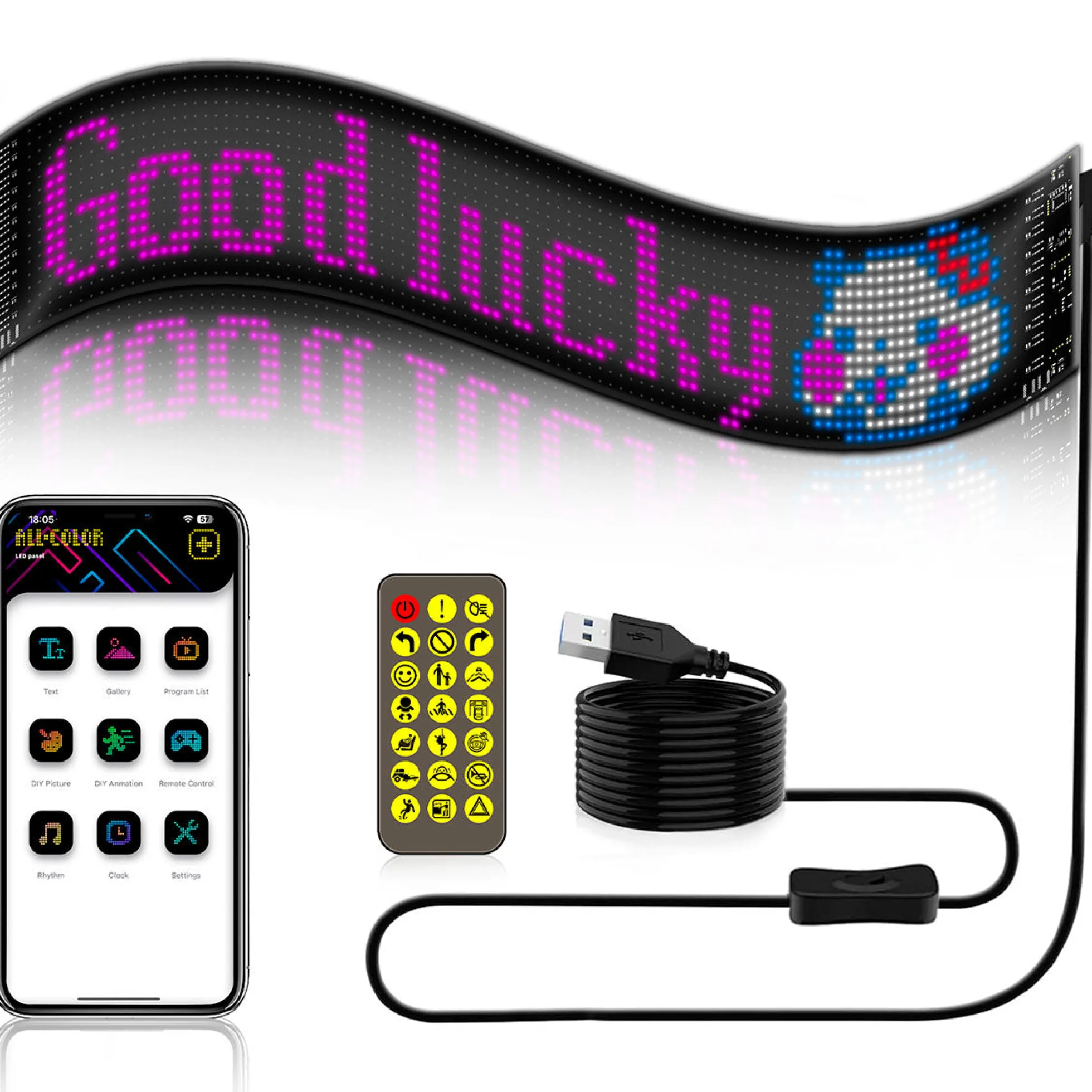 Display LED flexible programable - 12 x 59,5 cm - USB + Bluetooth + mando a distancia