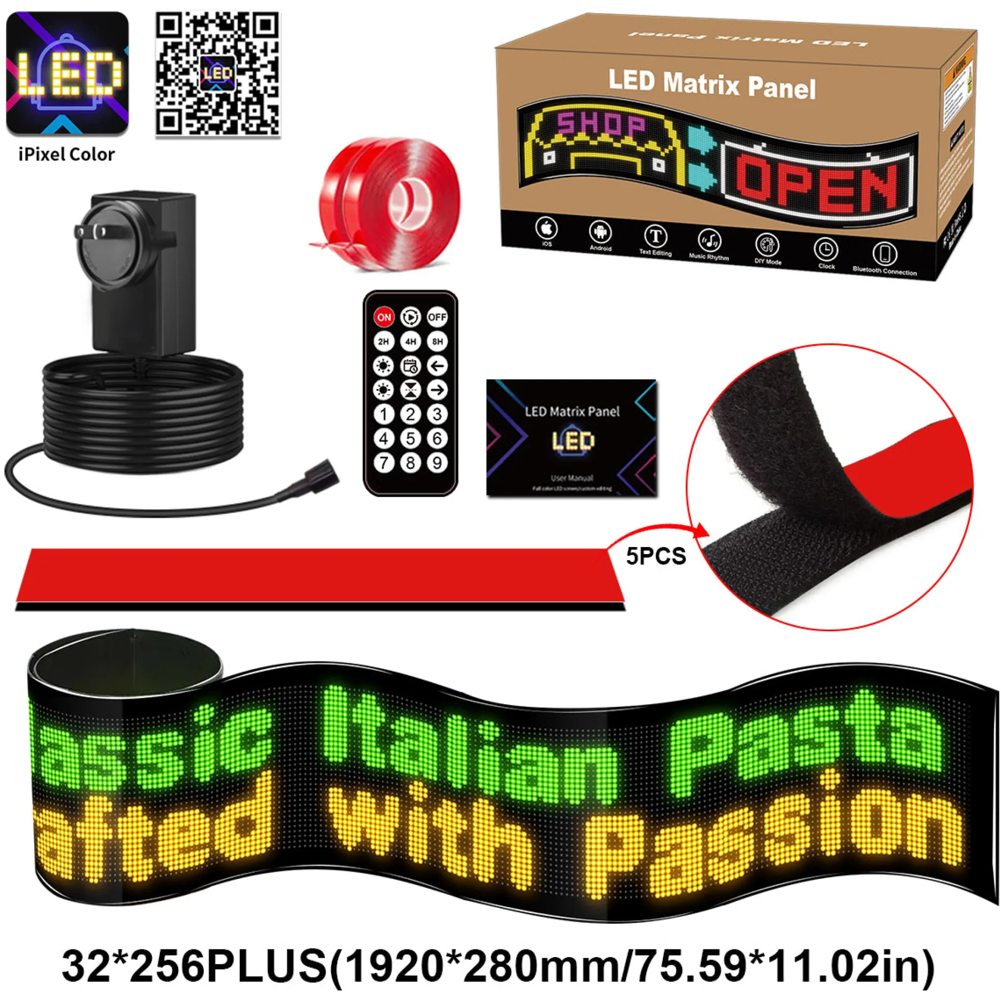 Display LED flexible programable - 192 x 28 cm - USB + Bluetooth + mando a distancia