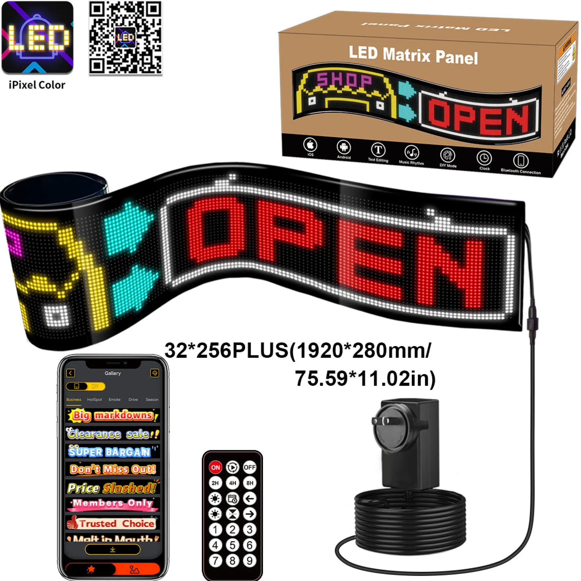Display LED flexible programable - 192 x 28 cm - USB + Bluetooth + mando a distancia