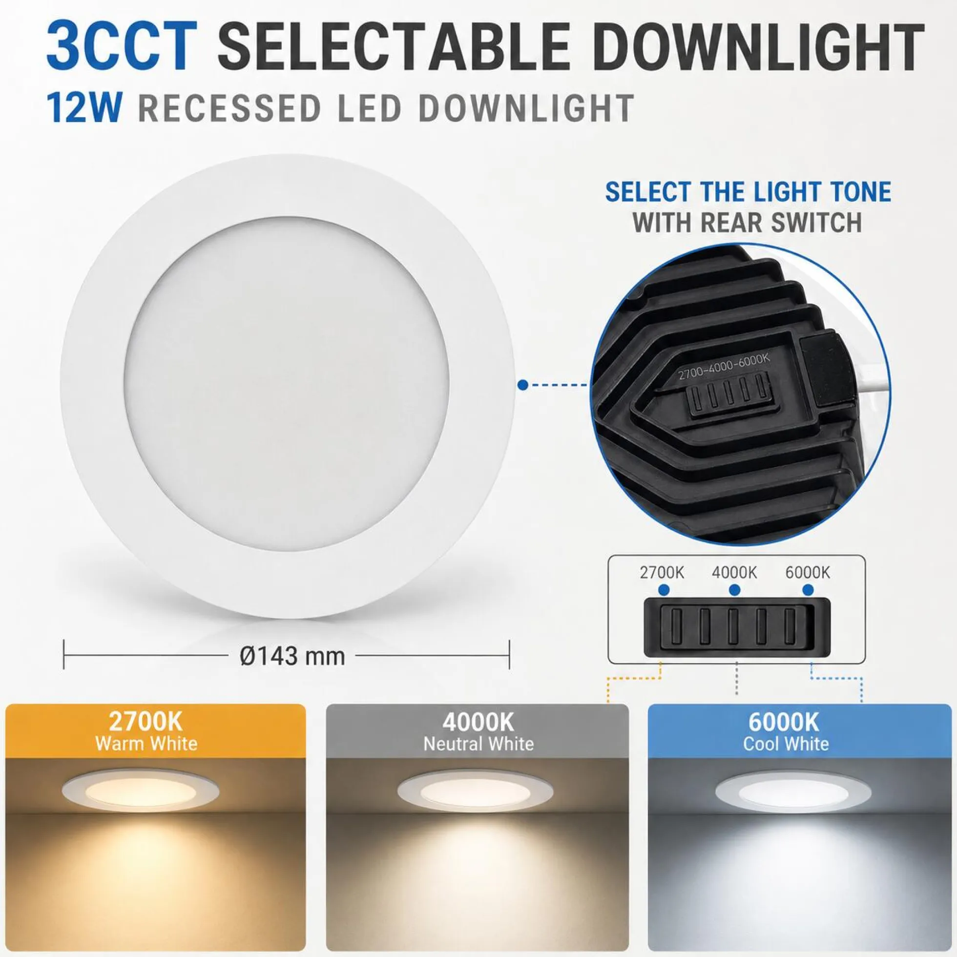 Downlight LED circular empotrable - CCT - 12W - Corte Ø 120 mm - IP54