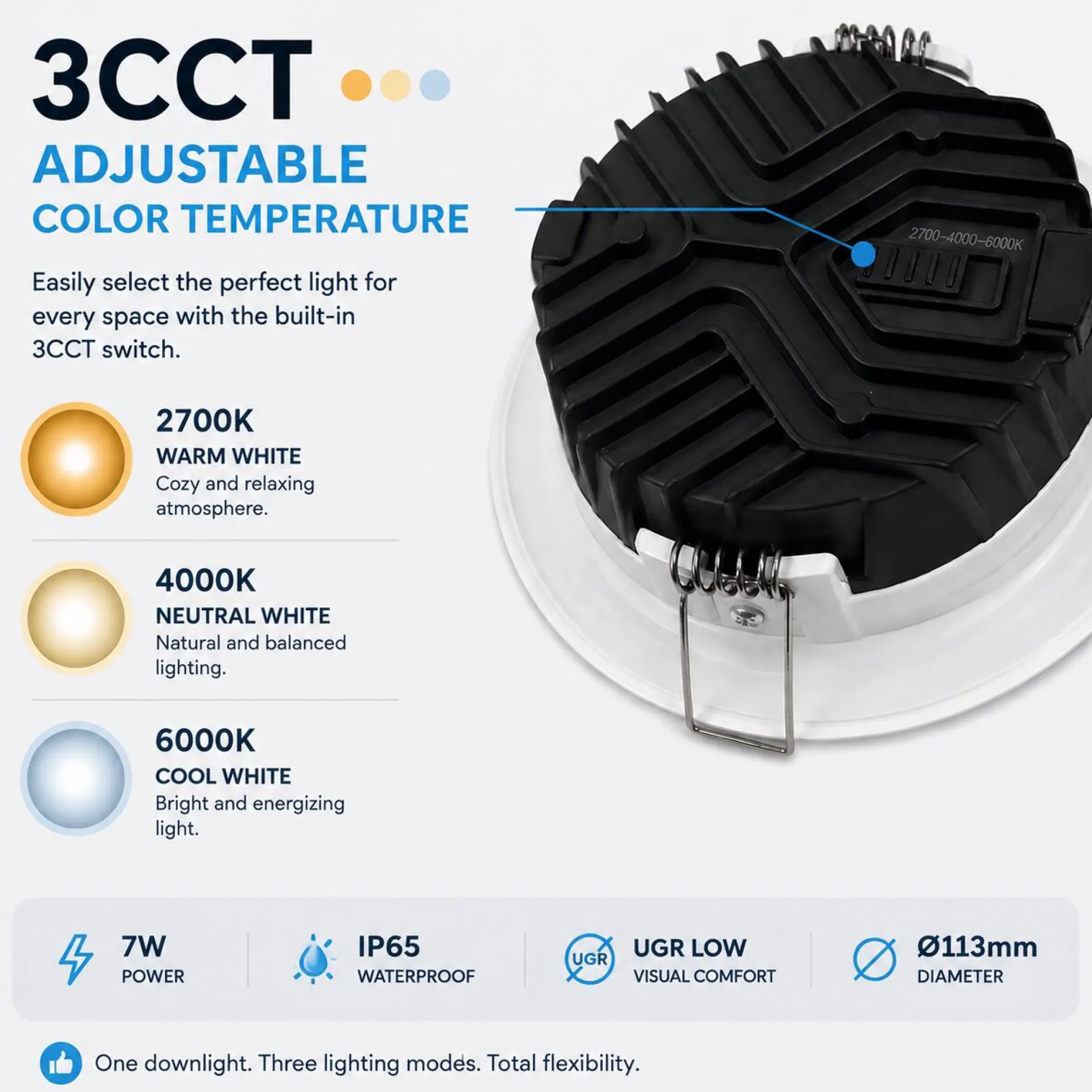 Downlight LED circular empotrable - CCT - 7W - Corte Ø 95 mm - IP54