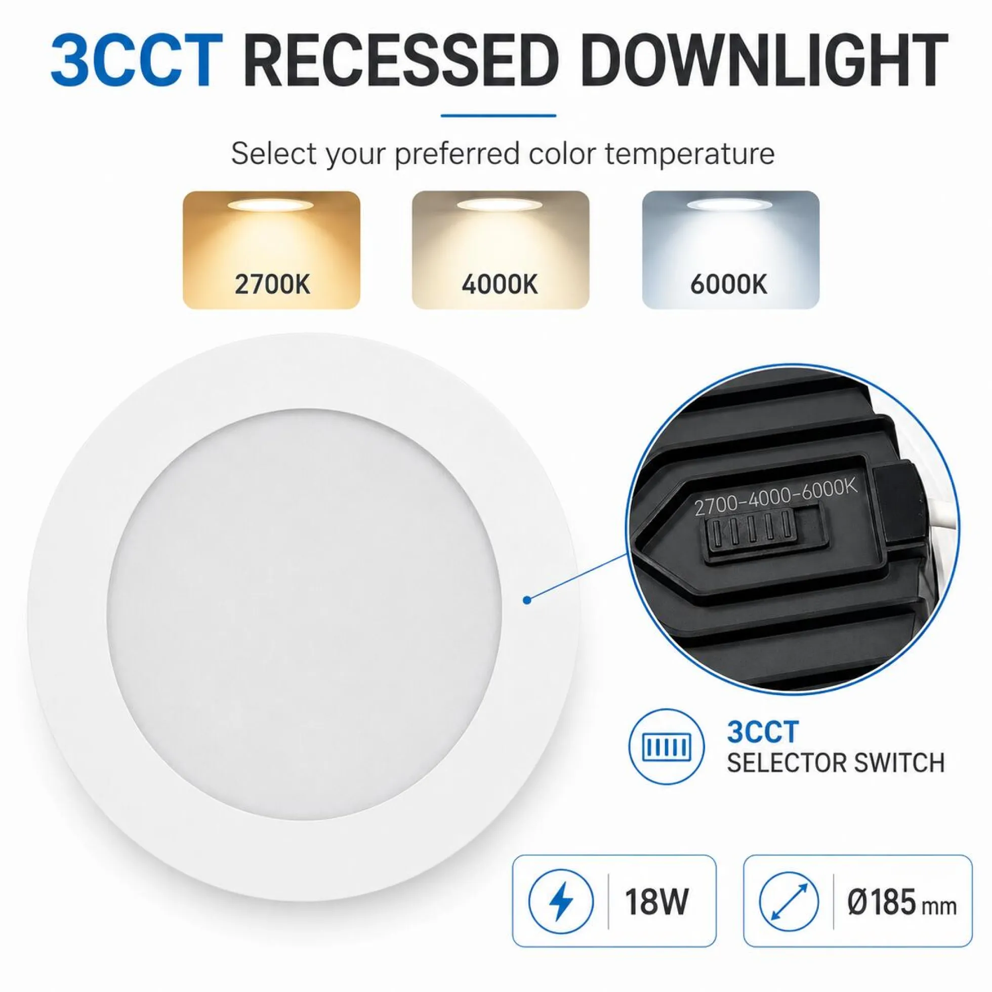 Downlight LED circular empotrable - CCT - 18W - Corte Ø 150 mm - IP54