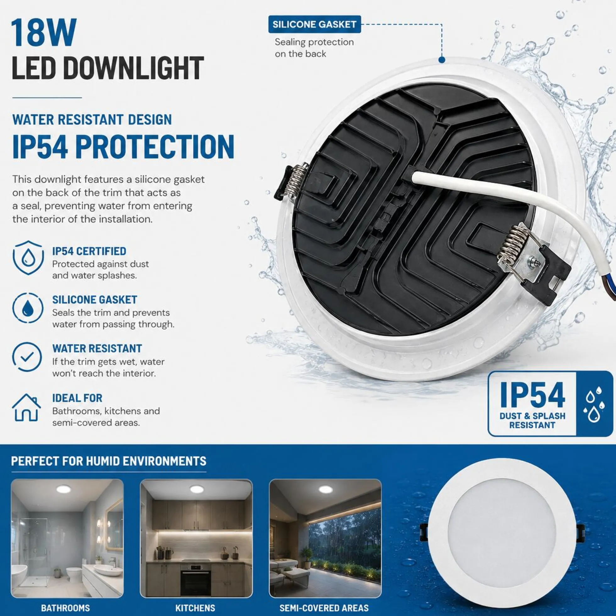 Downlight LED circular empotrable - CCT - 18W - Corte Ø 150 mm - IP54
