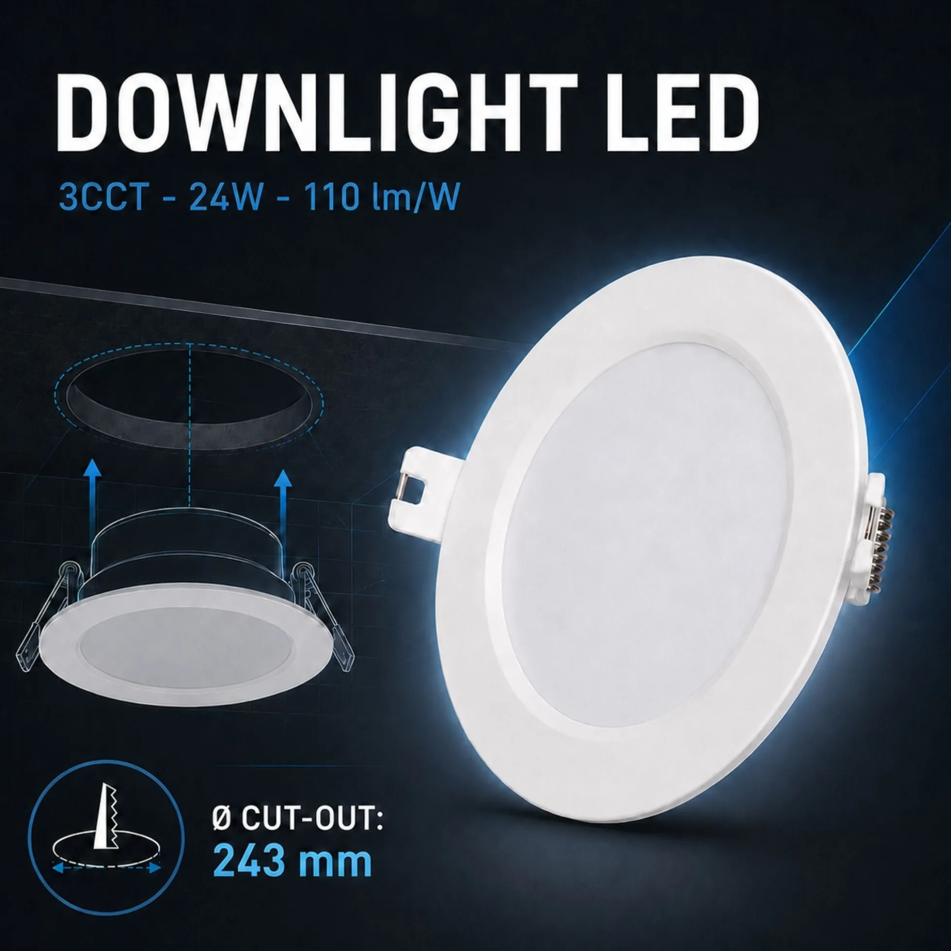 Downlight LED circular empotrable - 3CCT - 24W - 110 lm/W - Corte Ø243mm