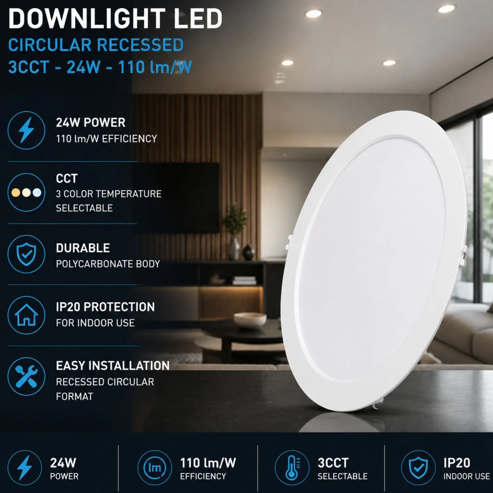 Downlight LED circular empotrable - 3CCT - 24W - 110 lm/W - Corte Ø243mm