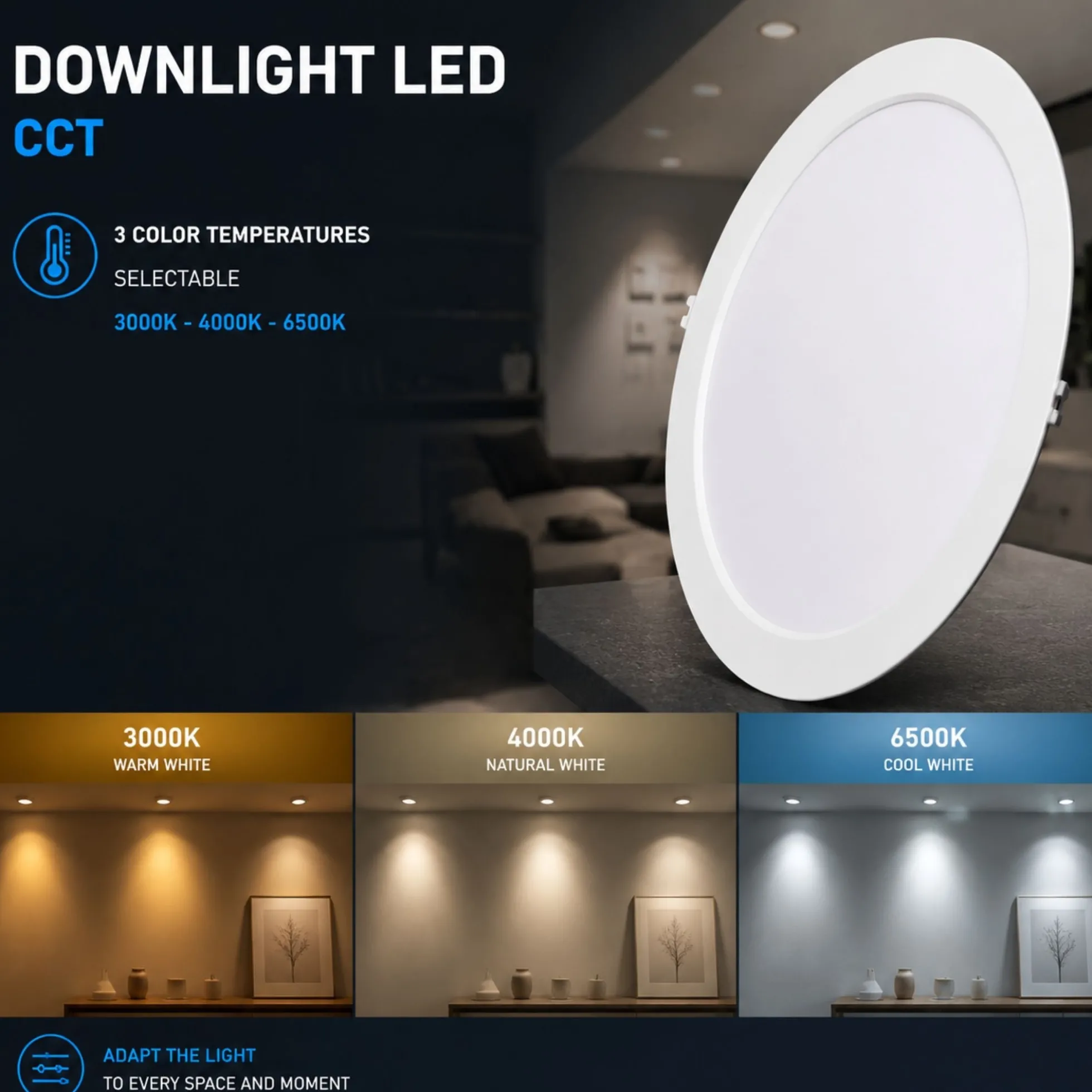 Downlight LED circular empotrable - 3CCT - 24W - 110 lm/W - Corte Ø243mm
