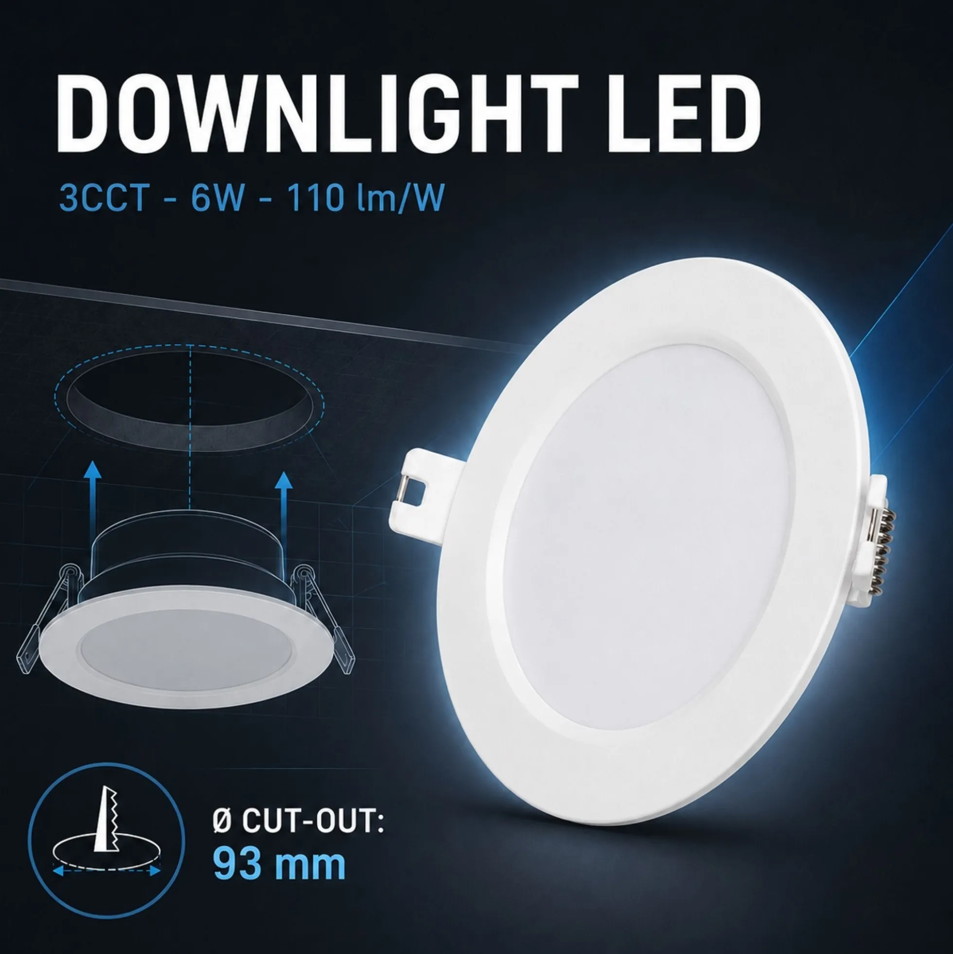 Downlight LED circular empotrable - 3CCT - 6W - 110 lm/W - Corte Ø93mm