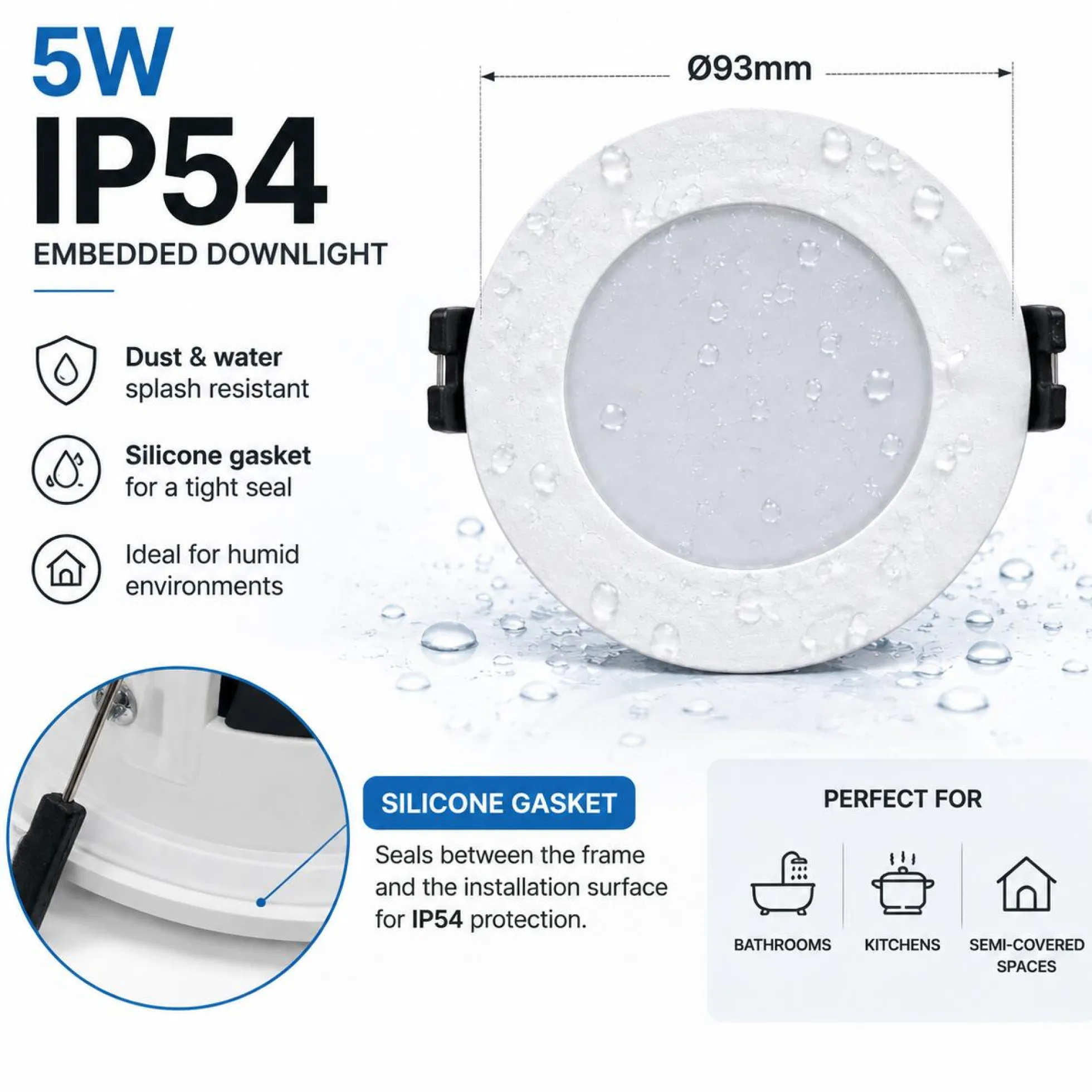 Downlight LED circular empotrable - CCT - 5W - Corte Ø 75 mm - IP54