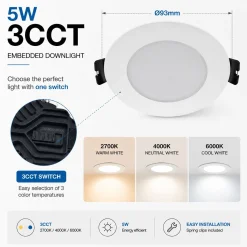 Downlight LED circular empotrable - CCT - 5W - Corte Ø 75 mm - IP54