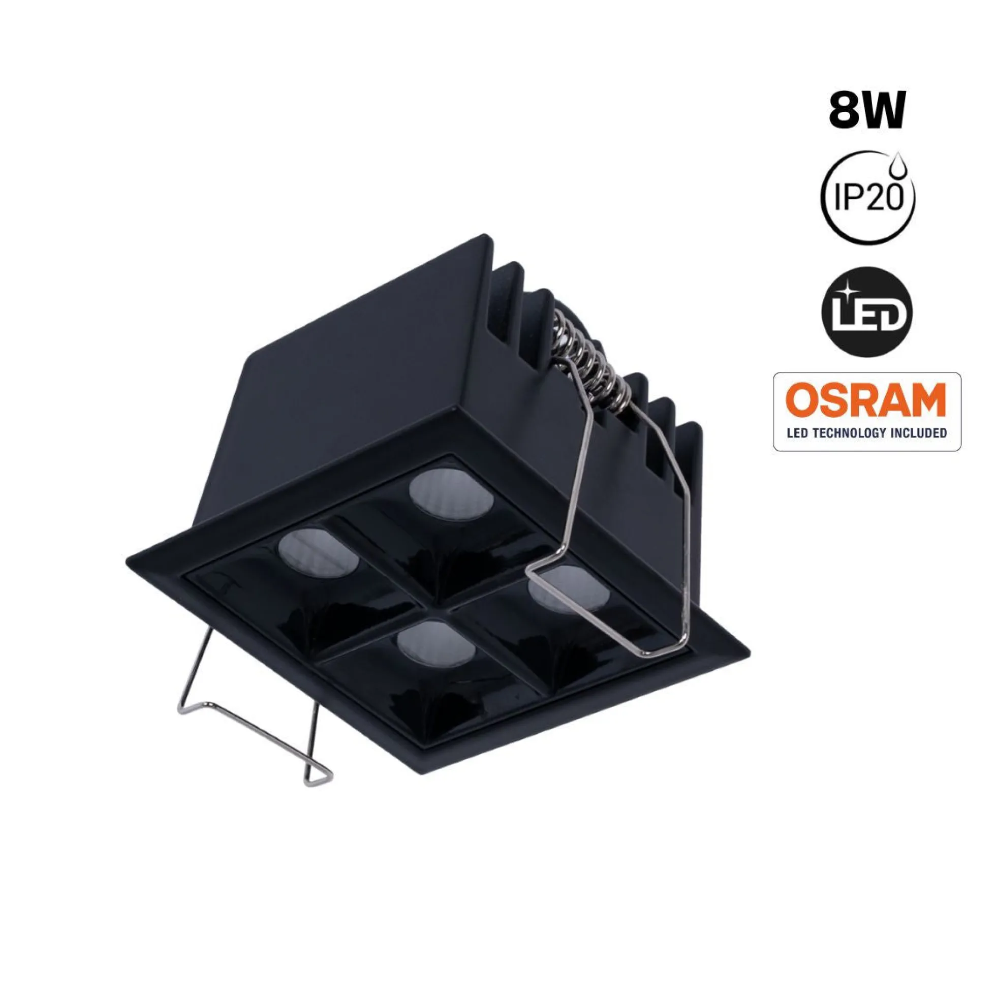 Downlight LED cuadrado empotrable 8W - Negro - 4 Focos - UGR18 - CRI90 - Chip OSRAM
