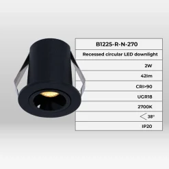 Downlight LED empotrable circular 2W - Chip Osram - UGR18 -  Corte Ø 25mm - Negro