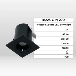 Downlight LED empotrable cuadrado 2W - Chip Osram - UGR18 - Corte Ø 25mm - Negro