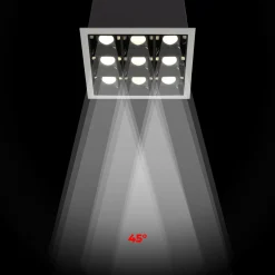 Downlight LED Empotrable CuadradoAntideslumbrante - Marco Blanco - 18W - 9 Focos - UGR18 - CRI90 - Chip OSRAM