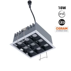 Downlight LED Empotrable CuadradoAntideslumbrante - Marco Blanco - 18W - 9 Focos - UGR18 - CRI90 - Chip OSRAM