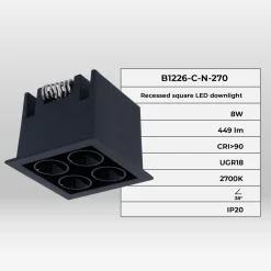 Downlight LED empotrable cuadrado 8W - Chip Osram - UGR18 - Corte 48 x 48 mm