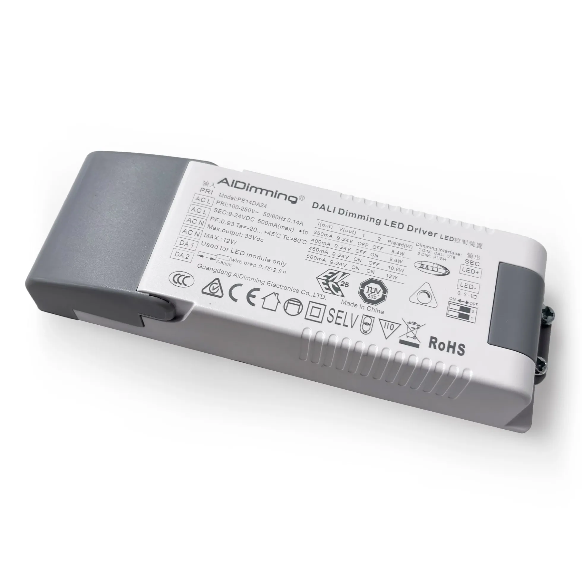 Driver LED DALI 9-24V regulable - Corriente ajustable 350/400/450/500mA