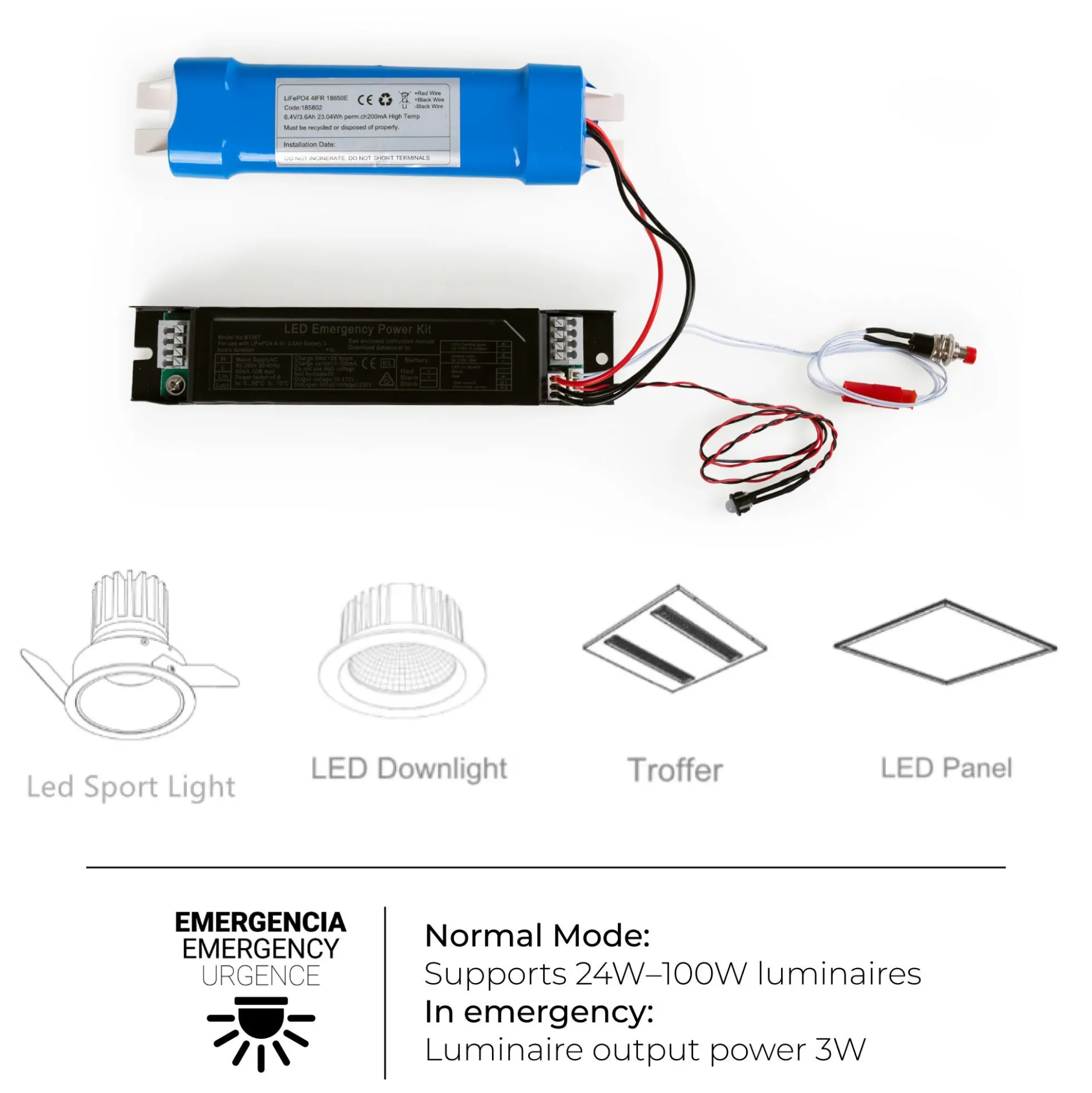 Driver LED para emergencia - Salida 3W - 3h autonomía - Luz 24/100W