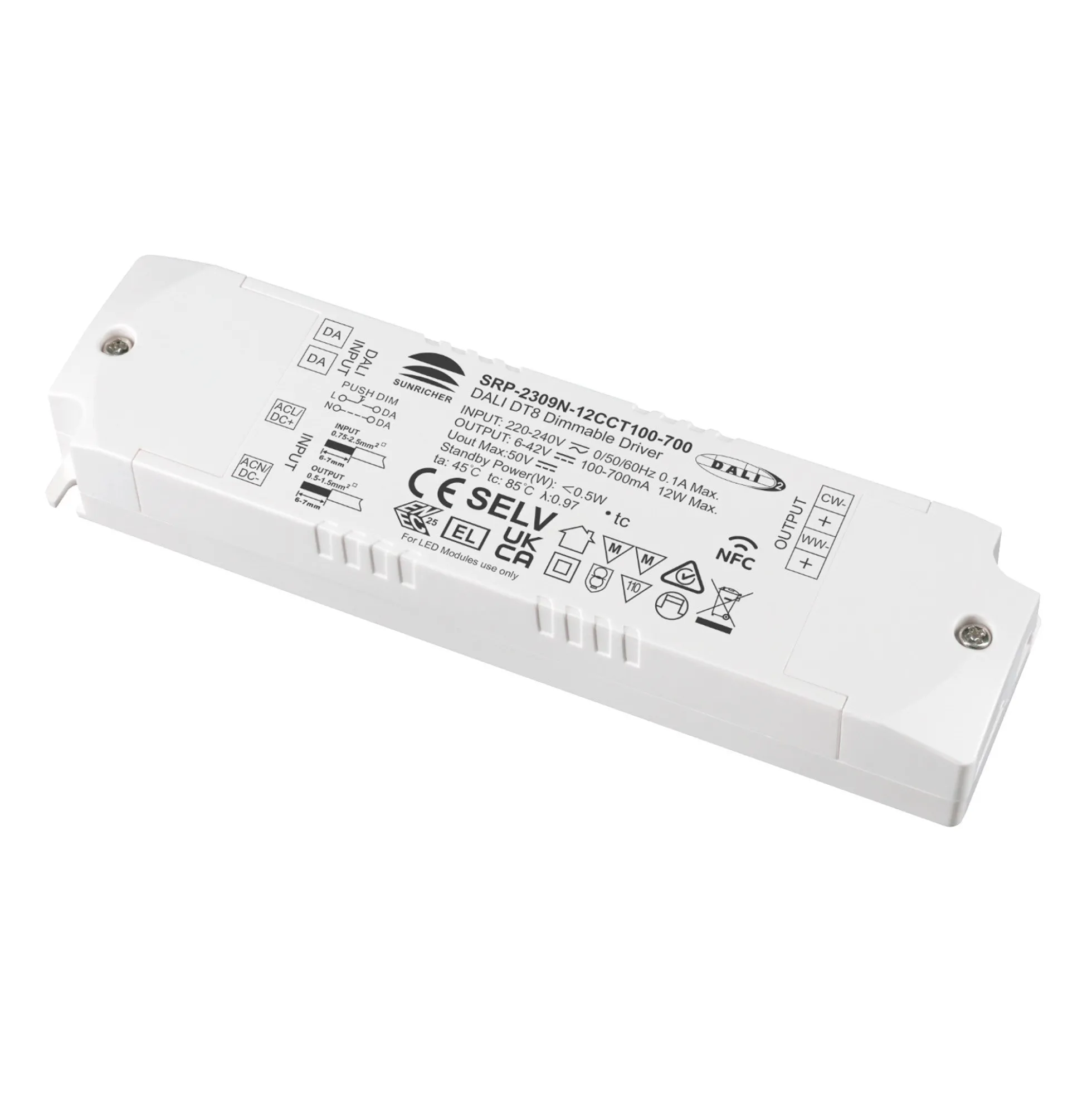 Driver regulable DALI DT8 CCT 220-240V - Salida 6-42V DC - 100-700mA - 12W