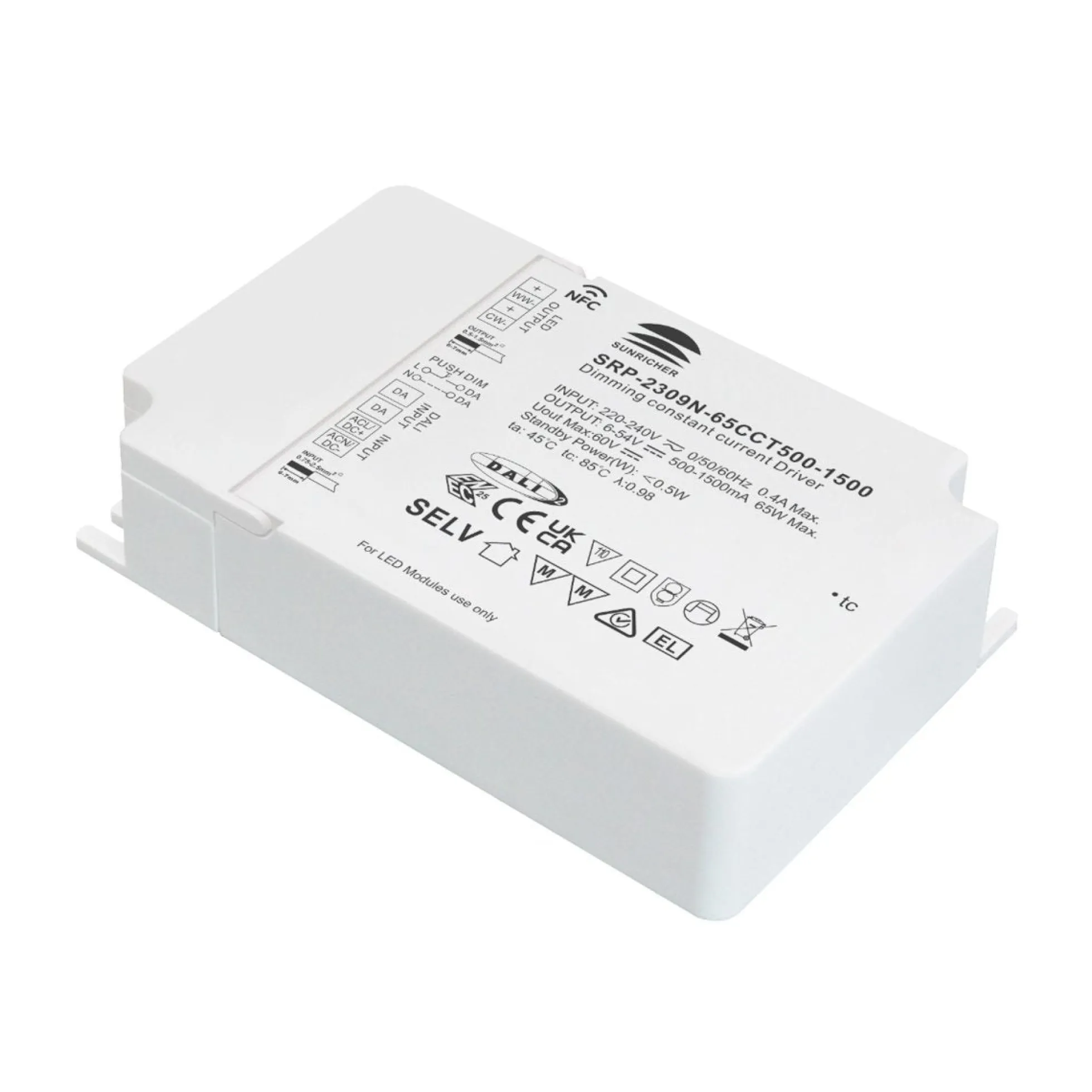 Driver regulable DALI DT8 CCT 220-240V - Salida 6-54V DC - 500-1500mA - 65W