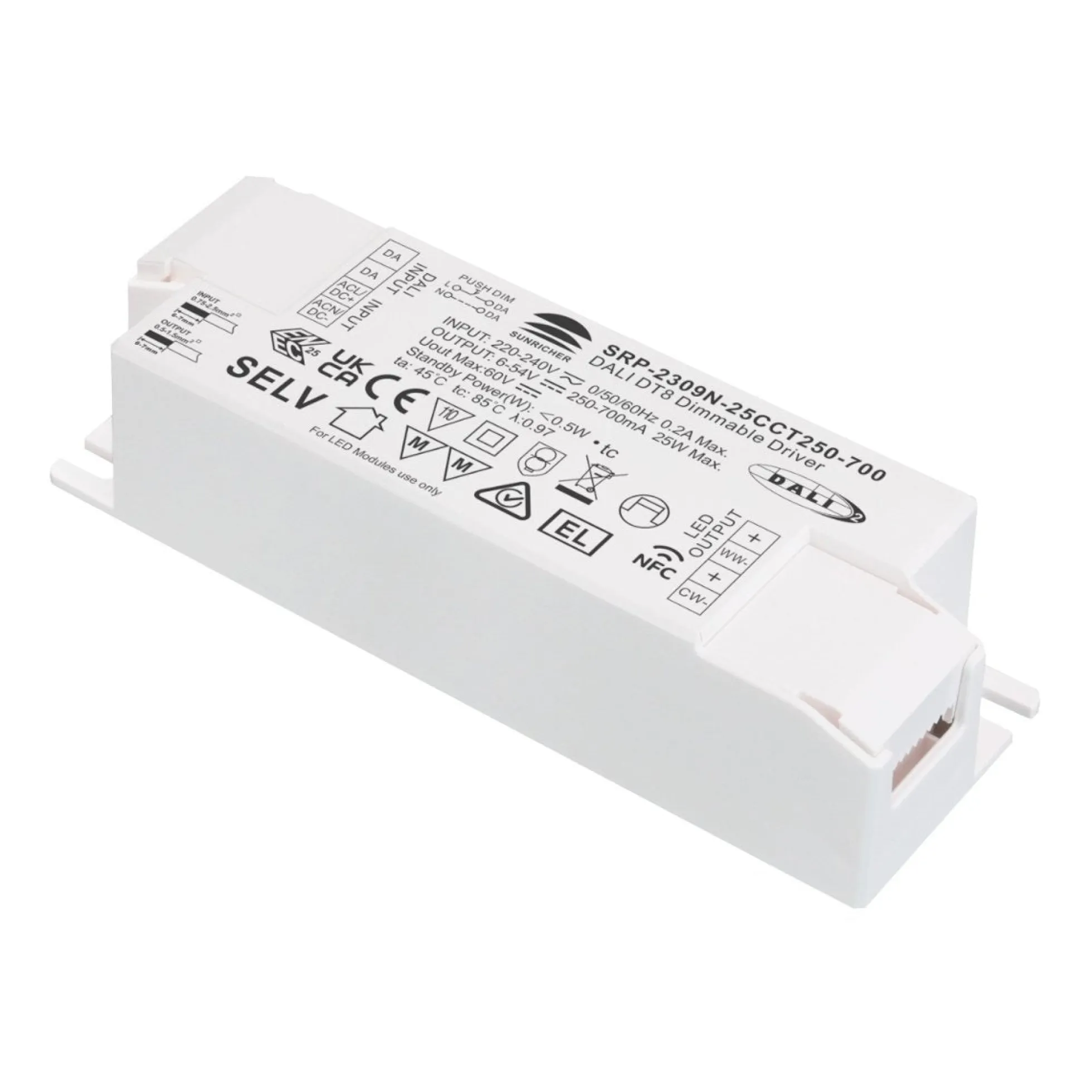 Driver regulable DALI DT8 CCT 220-240V - Salida 6-54V DC - 250-700mA - 25W