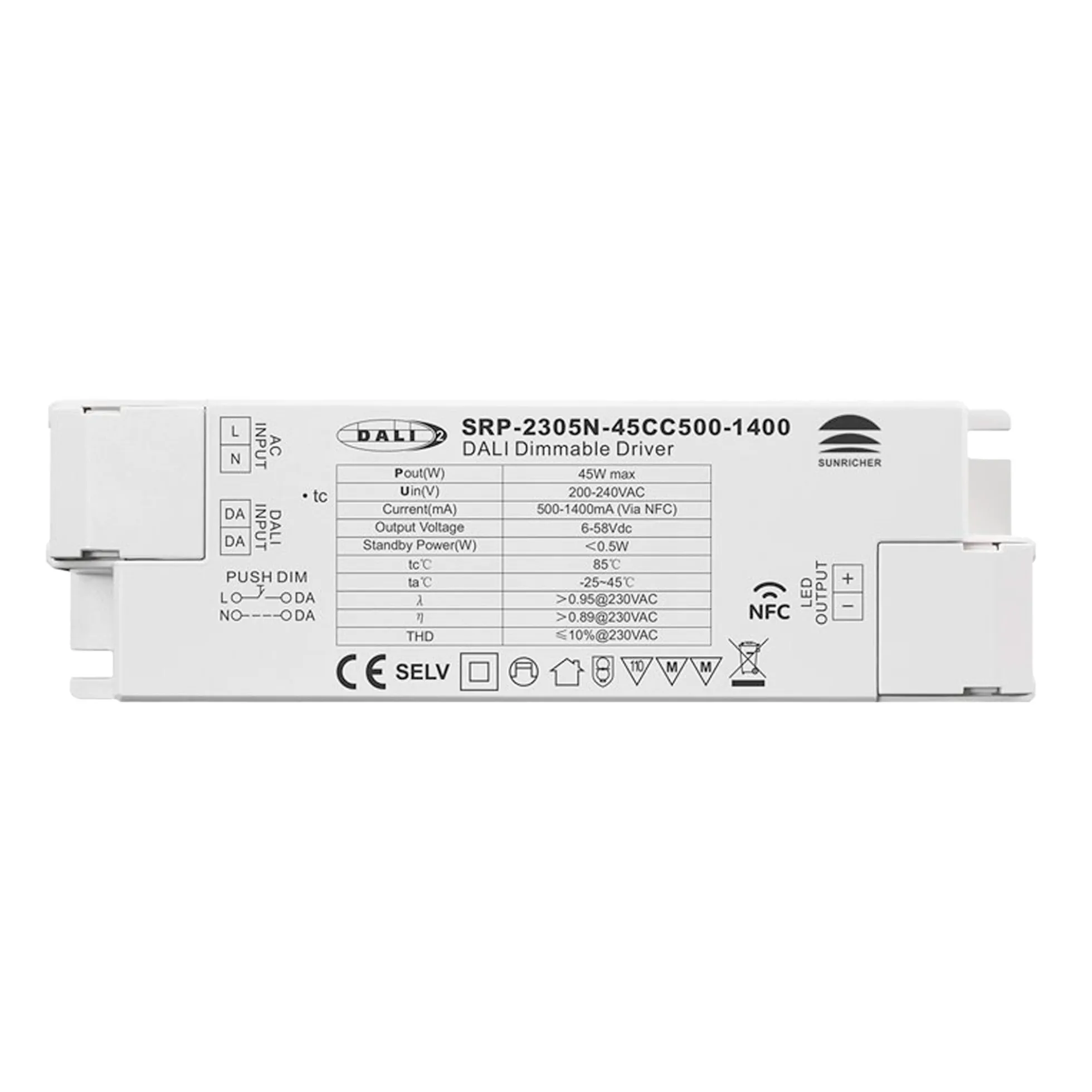 Driver regulable DALI DT6 monocolor 220-240V - Salida 6-58V DC - 500-1400mA - 45W