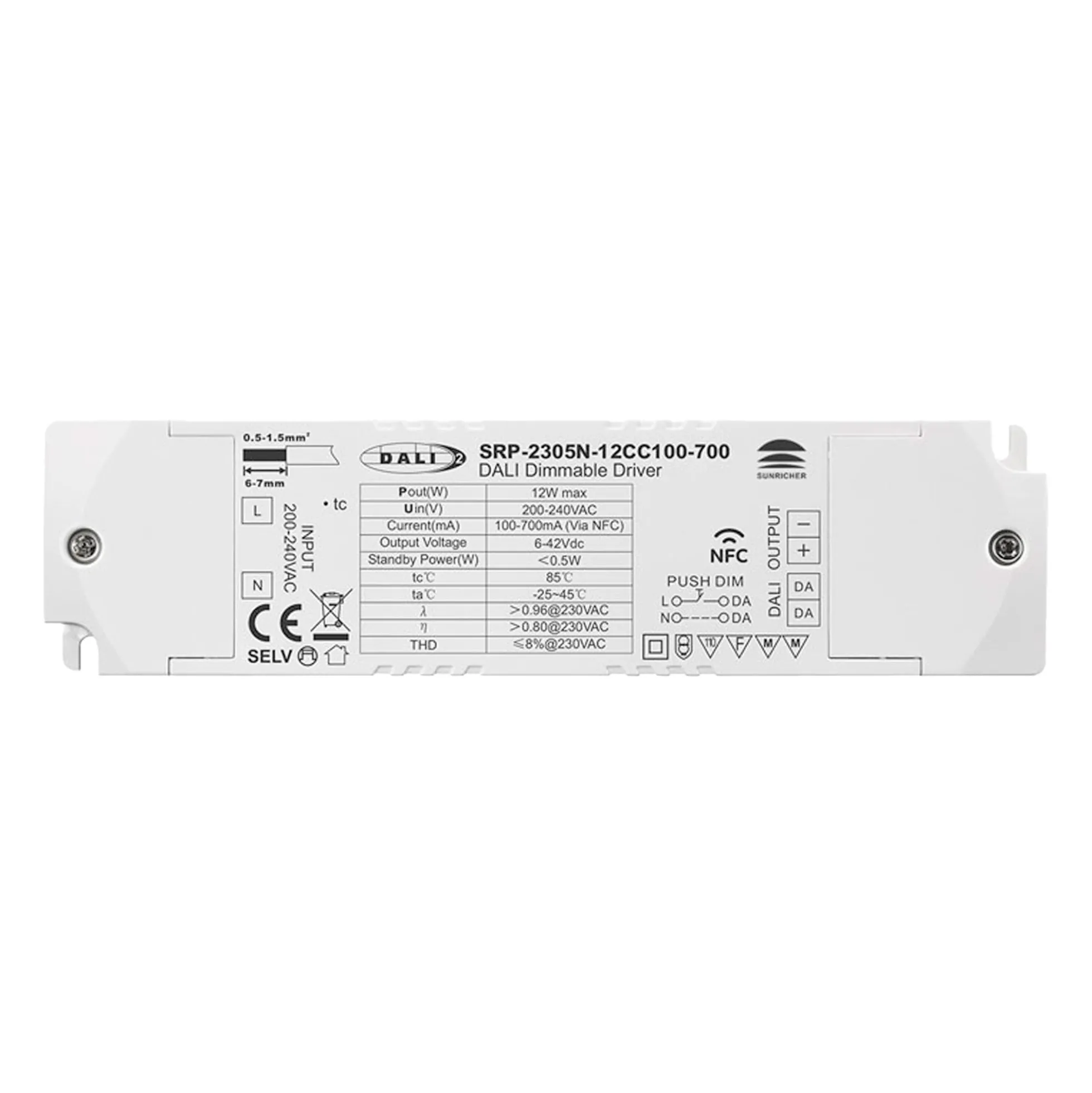 Driver regulable DALI DT6 monocolor 220-240V - Salida 6-42V DC - 100-700mA - 12W