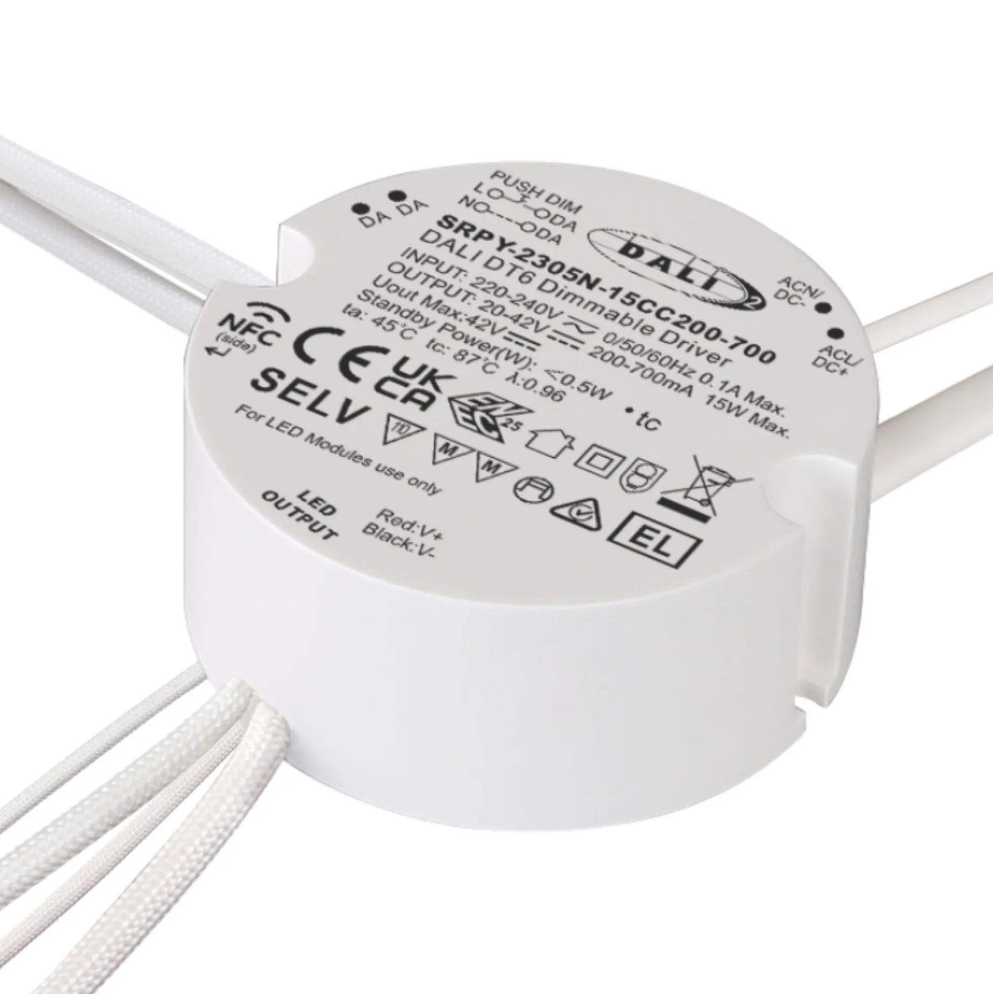 Driver regulable DALI DT6 NFC monocolor 220-240V - Salida 10-42V DC - 15W- 200-700mA