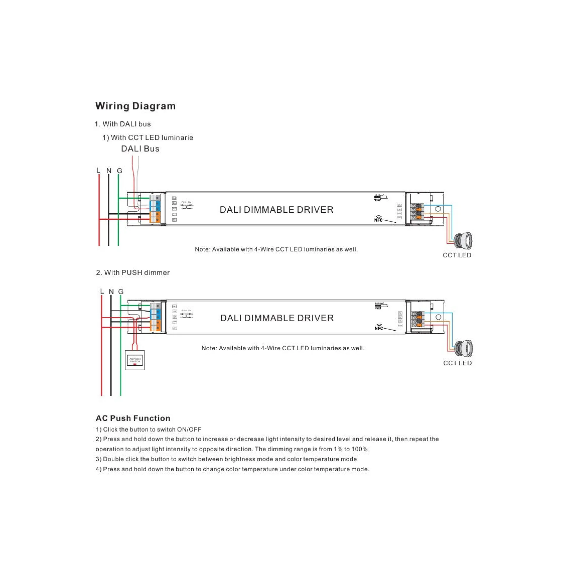 Driver regulable DALI2 DT8 - 80W - Corriente constante - Salida 10-54V DC - 1000-2000mA - NFC