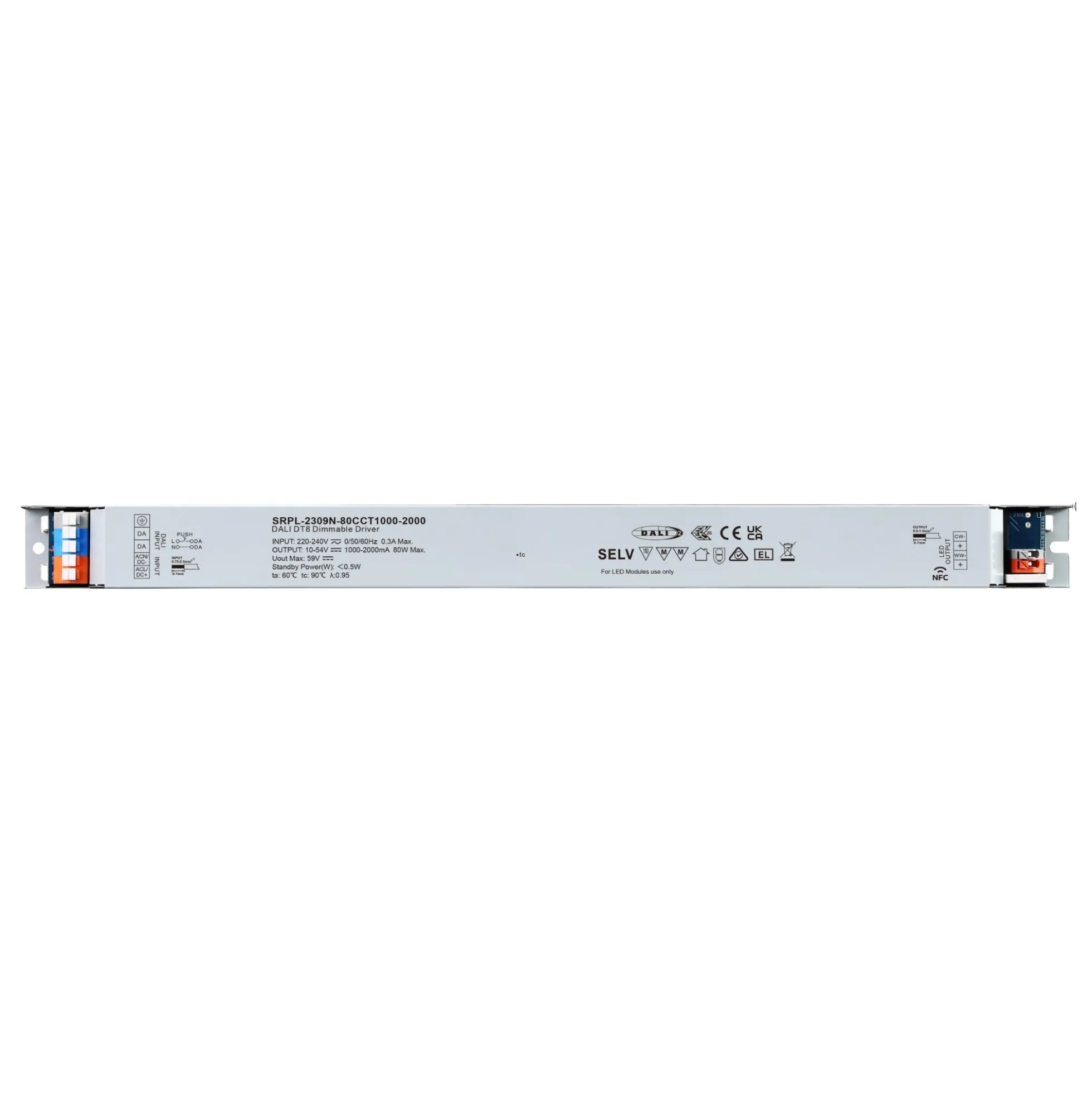 Driver regulable DALI2 DT8 - 80W - Corriente constante - Salida 10-54V DC - 1000-2000mA - NFC