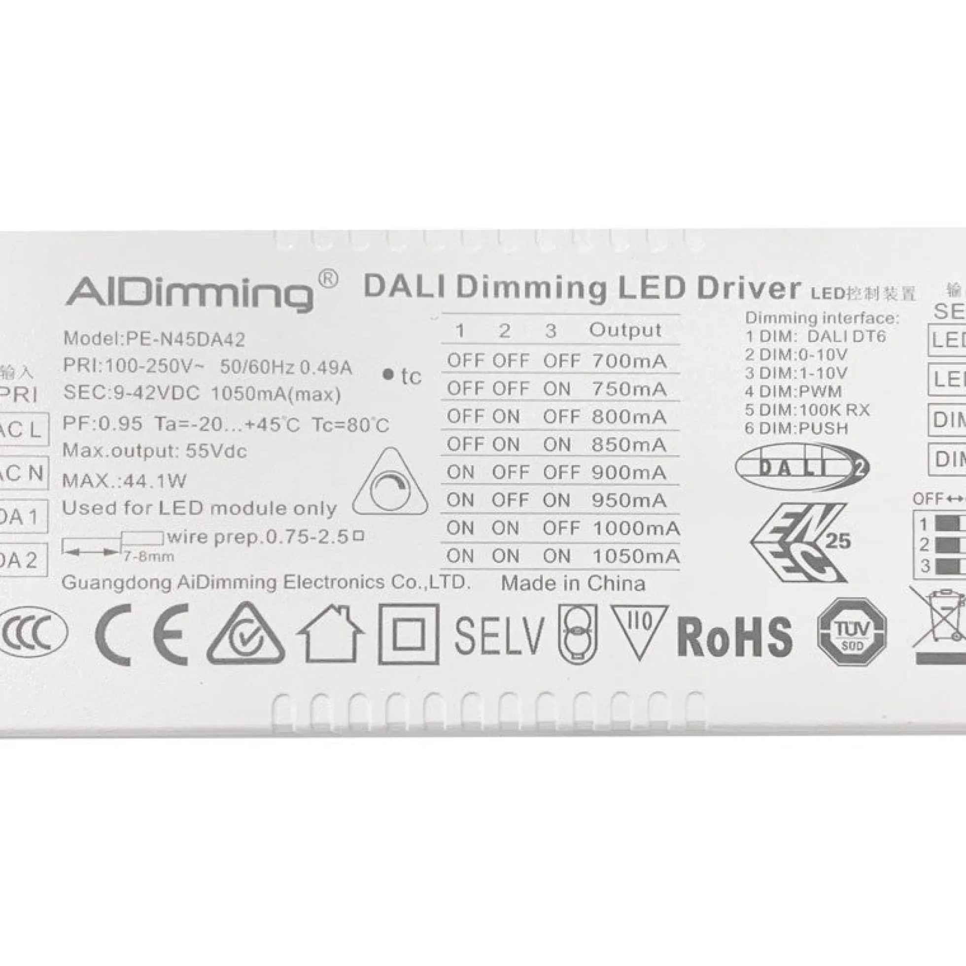 Driver regulable DALI PUSH 0-10V 9-42V 44W multicorriente (700-1050mA)