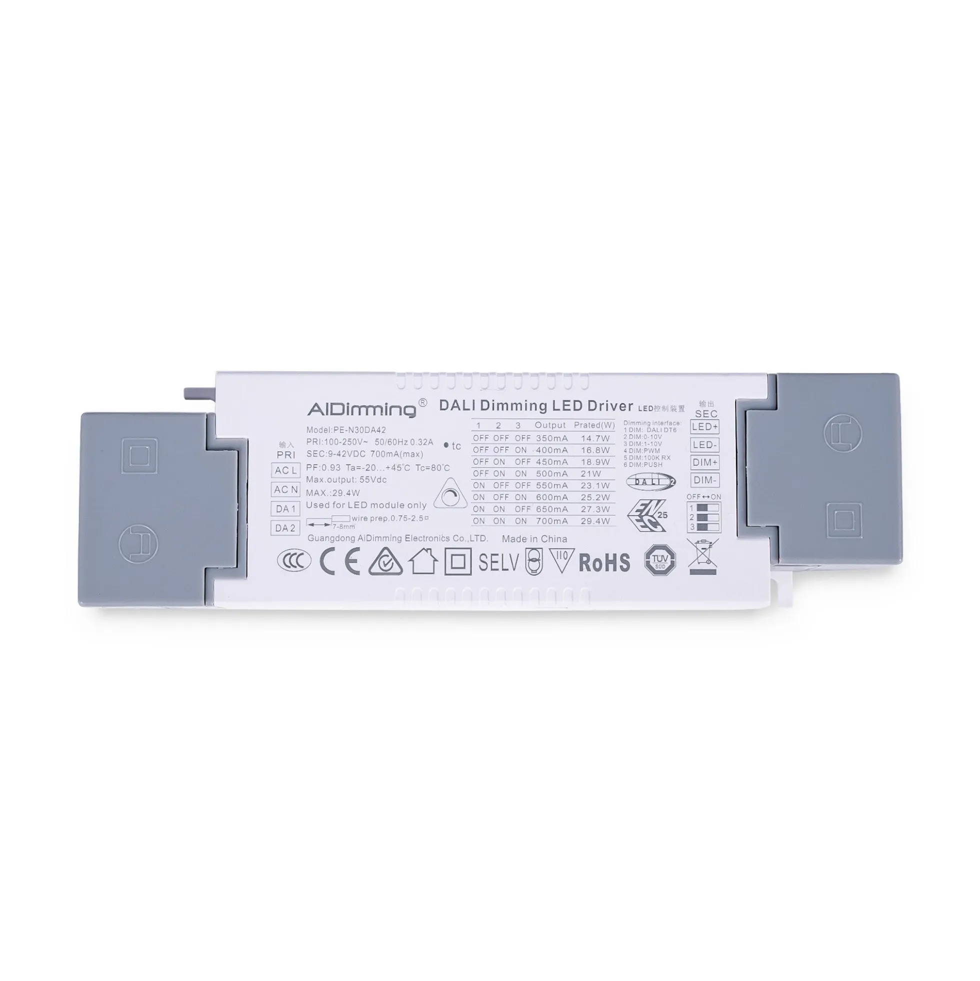 Driver regulable DALI + 1/0-10V + PUSH - 9-42V DC - Multicorriente (350-700mA)
