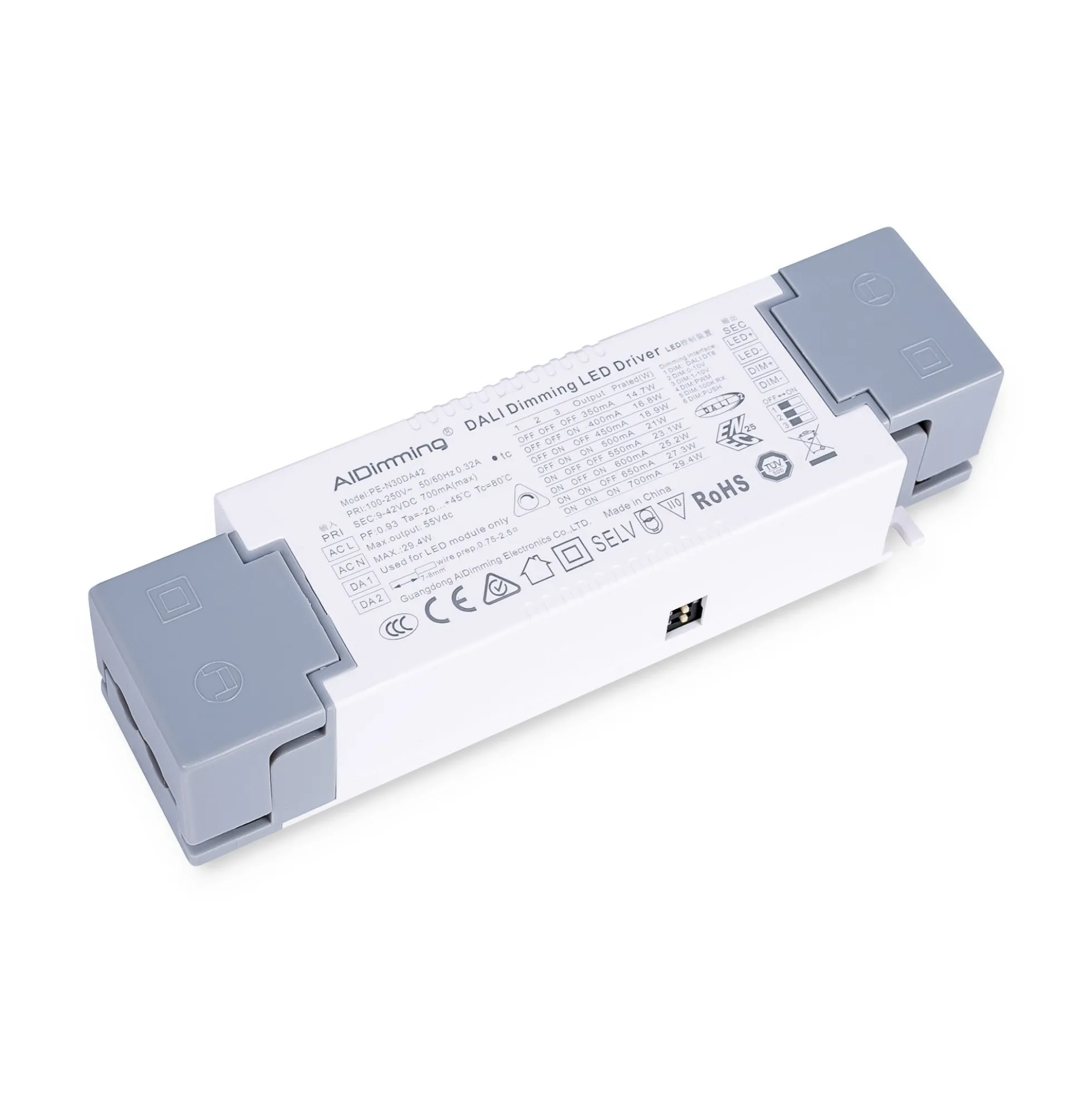 Driver regulable DALI + 1/0-10V + PUSH - 9-42V DC - Multicorriente (350-700mA)