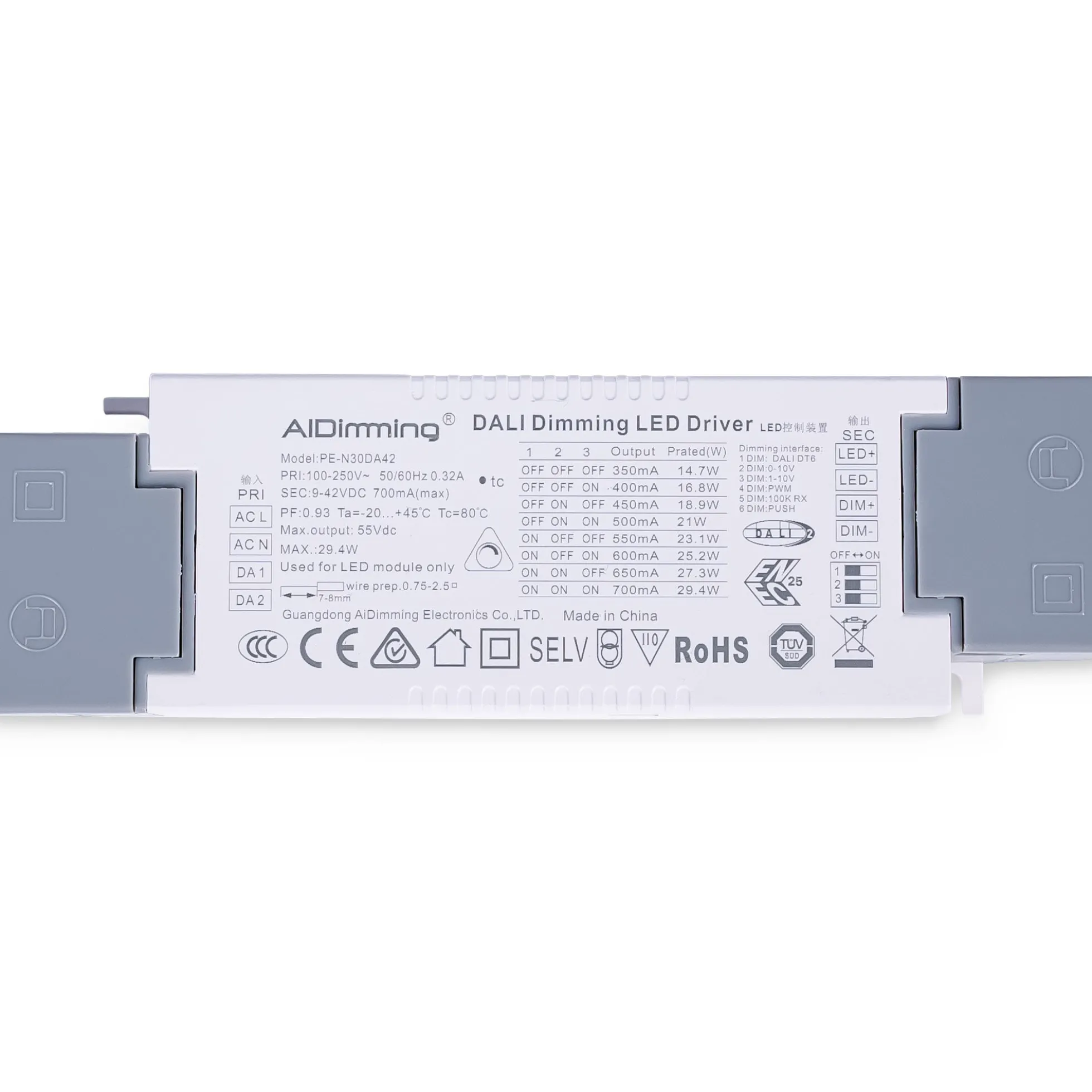 Driver regulable DALI + 1/0-10V + PUSH - 9-42V DC - Multicorriente (350-700mA)