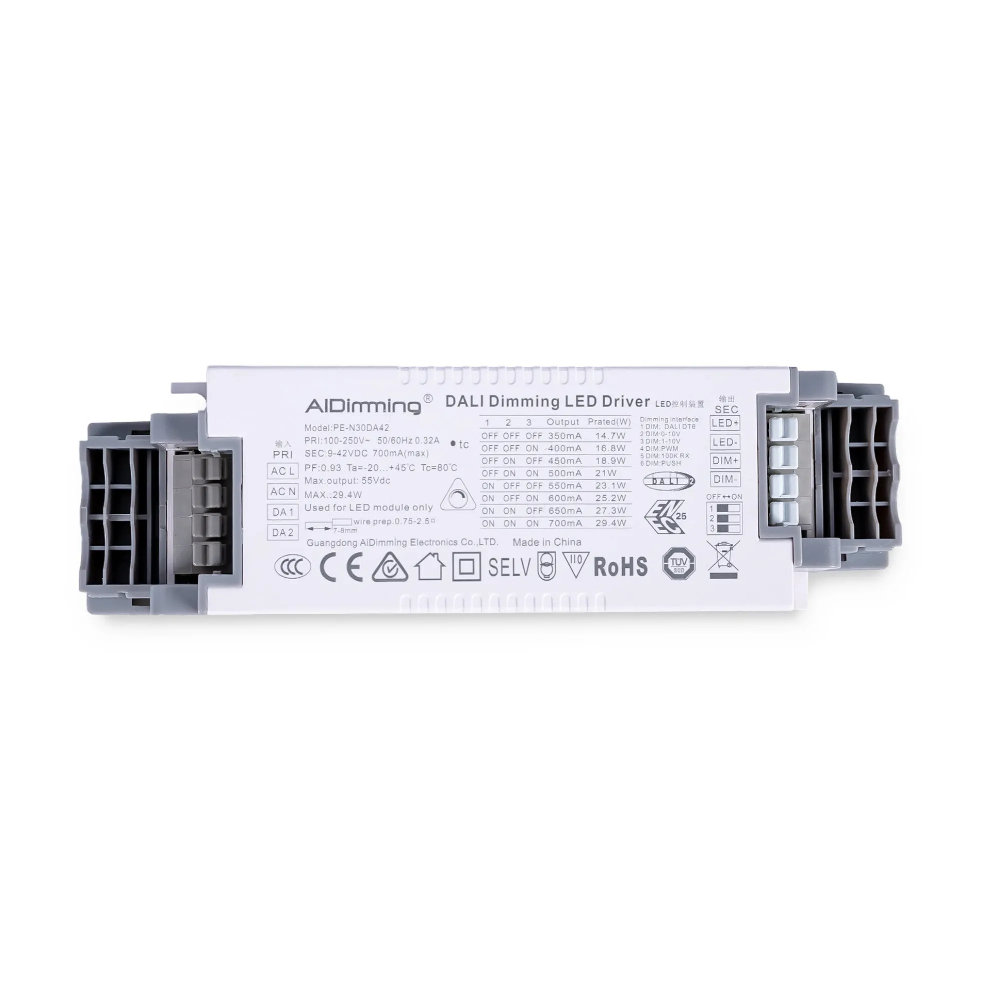 Driver regulable DALI + 1/0-10V + PUSH - 9-42V DC - Multicorriente (350-700mA)