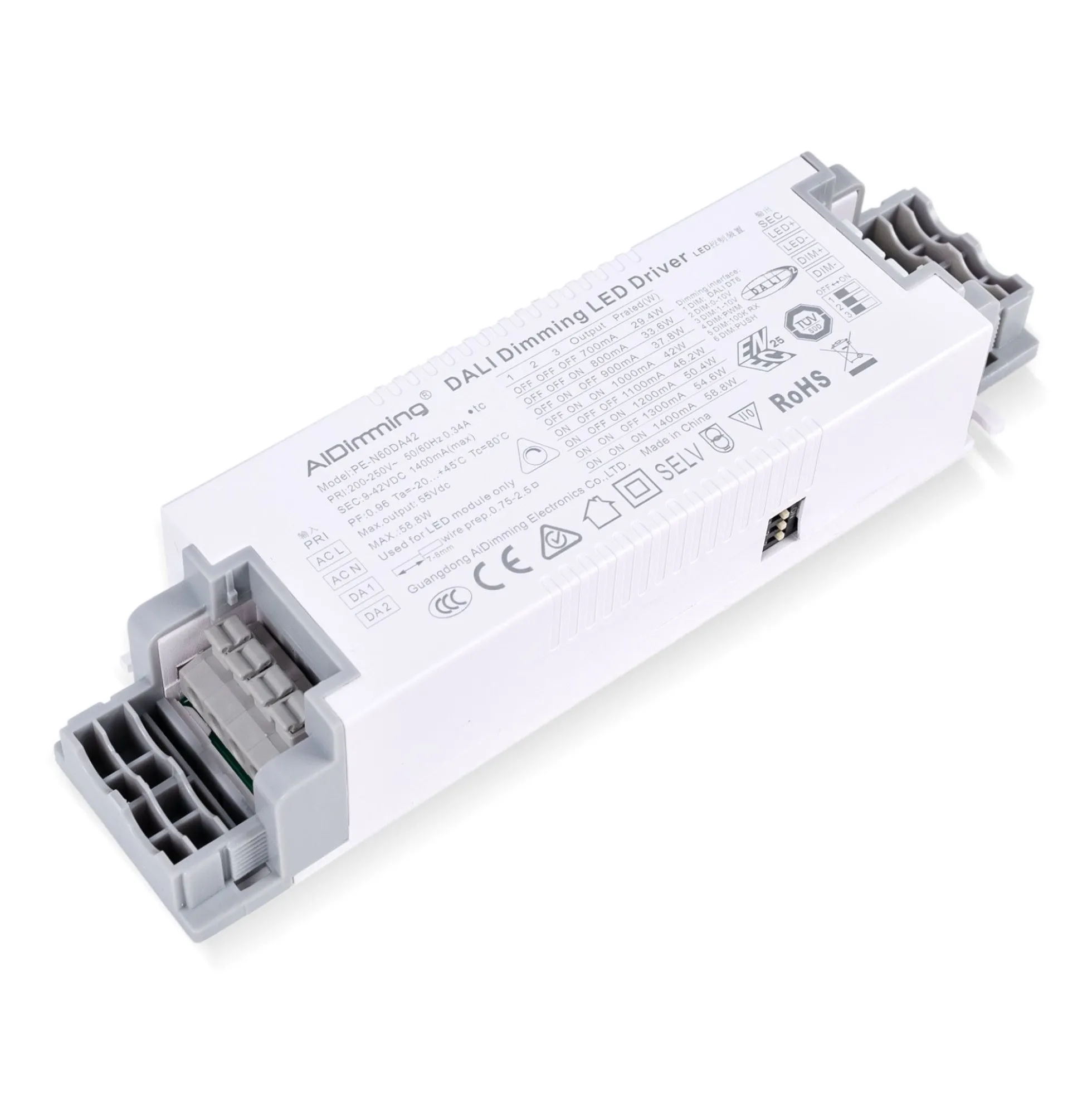 Driver regulable DALI + 1/0-10V + PUSH - 9-42V DC - 58W - Multicorriente (700-1400mA)