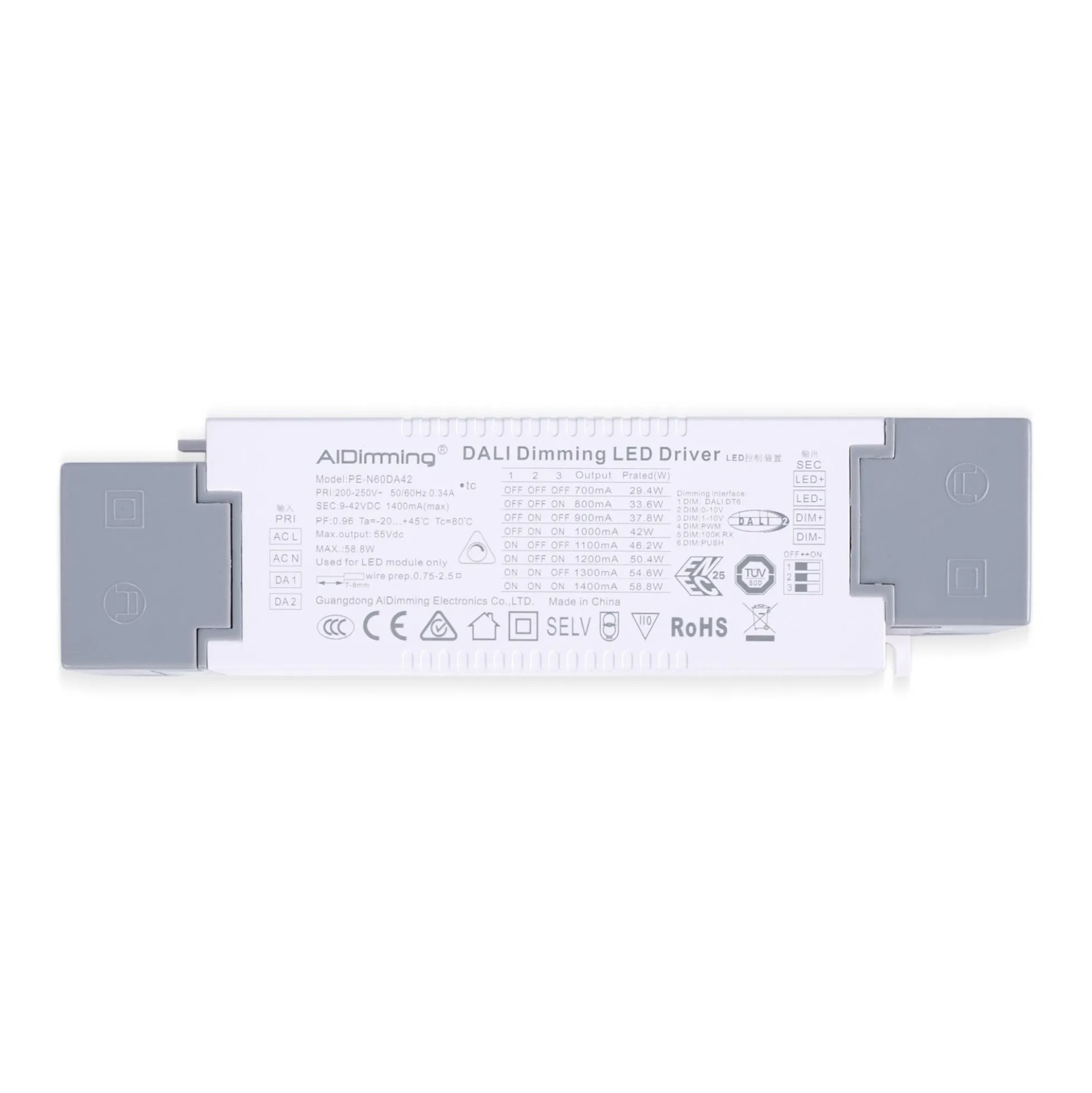 Driver regulable DALI + 1/0-10V + PUSH - 9-42V DC - 58W - Multicorriente (700-1400mA)