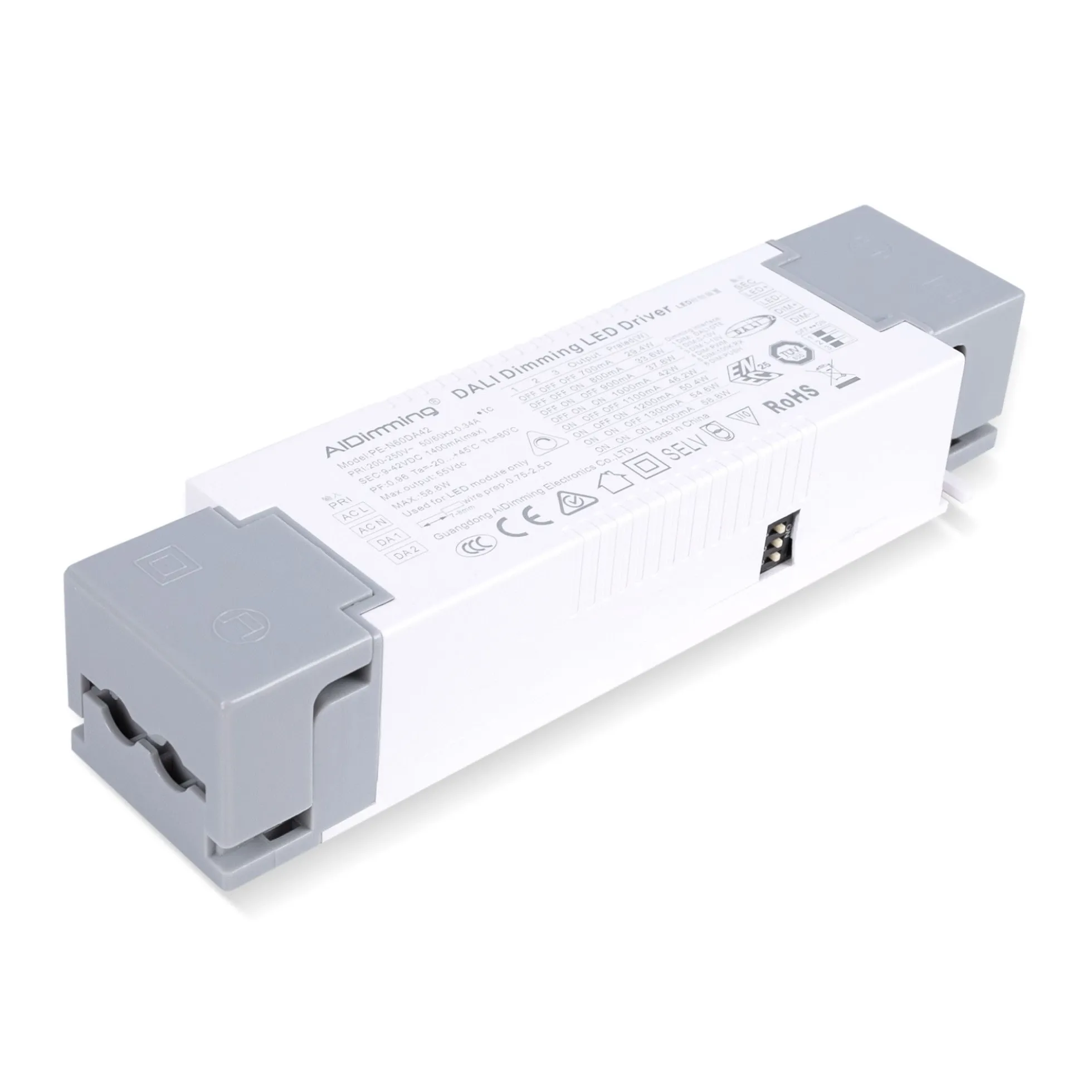 Driver regulable DALI + 1/0-10V + PUSH - 9-42V DC - 58W - Multicorriente (700-1400mA)