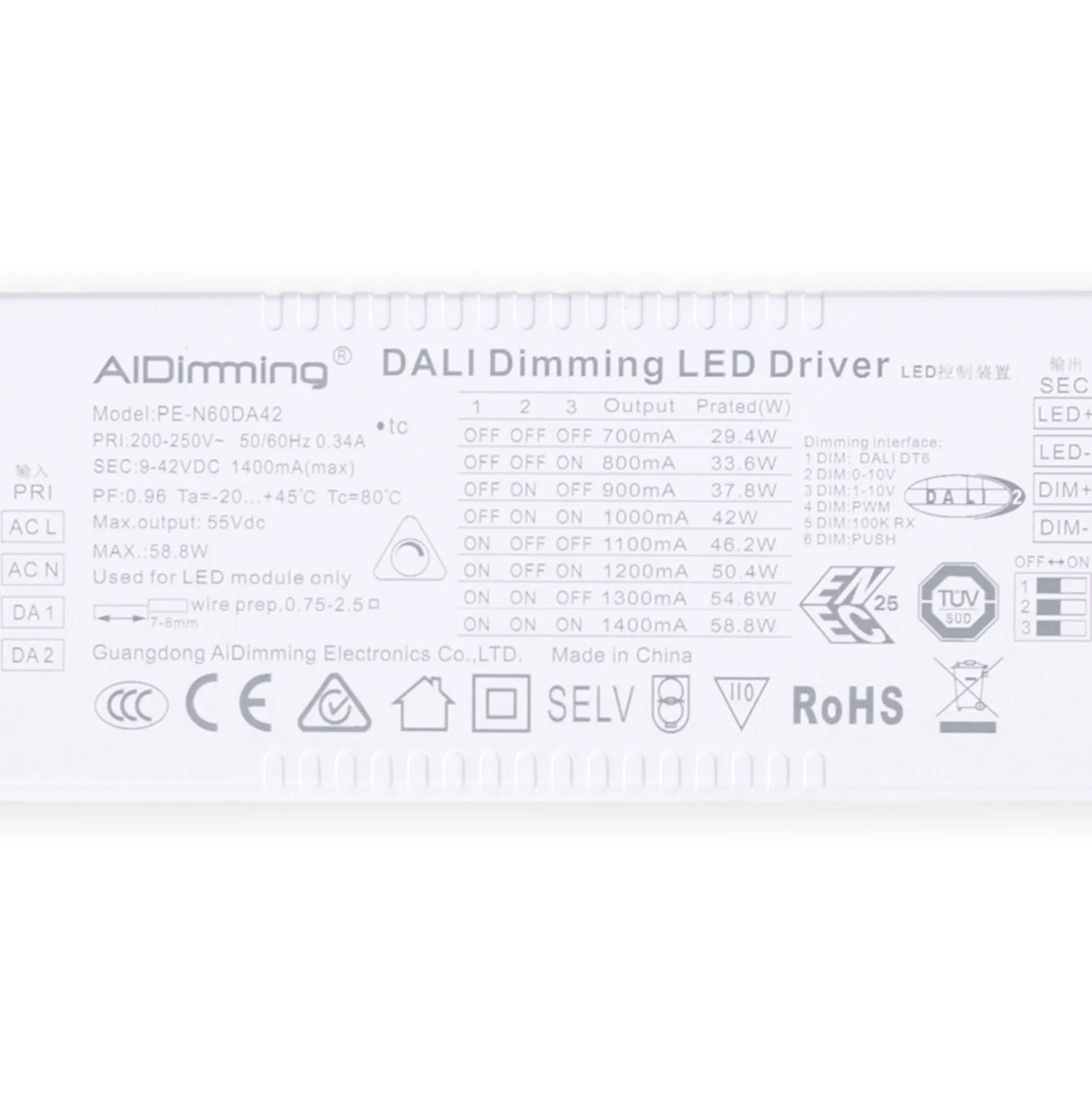 Driver regulable DALI + 1/0-10V + PUSH - 9-42V DC - 58W - Multicorriente (700-1400mA)