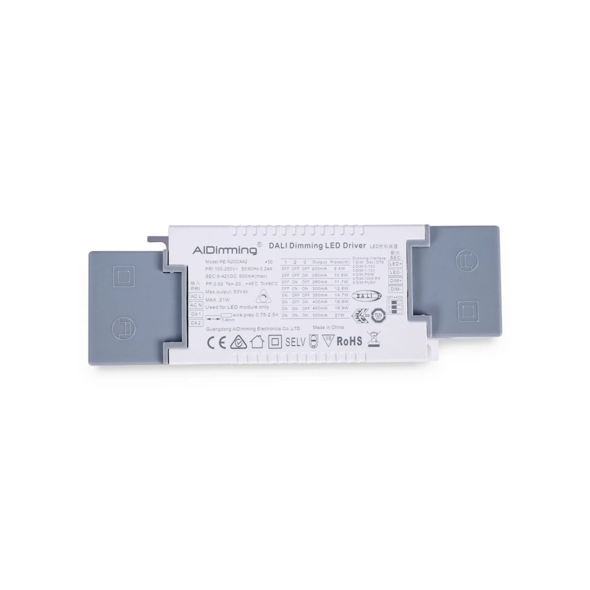 Driver regulable DALI + 1/0-10V + PUSH - 9-42V DC - Multicorriente (200-500mA)