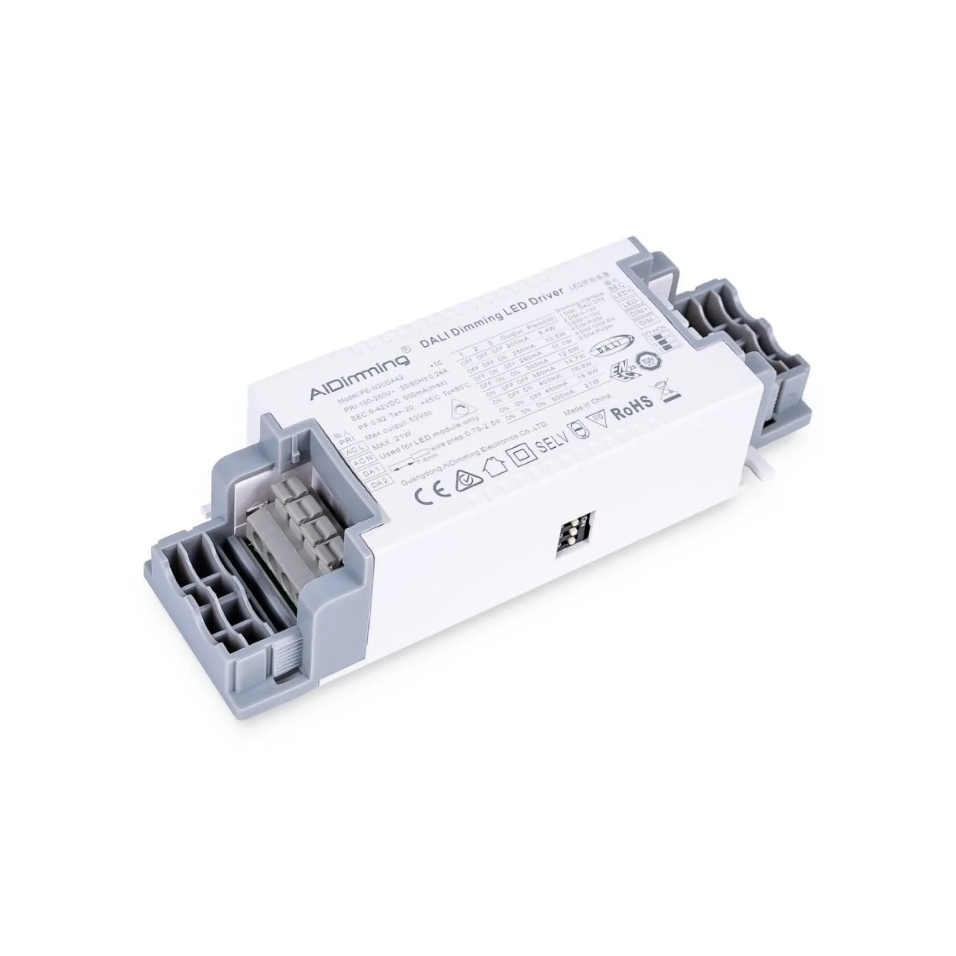 Driver regulable DALI + 1/0-10V + PUSH - 9-42V DC - Multicorriente (200-500mA)