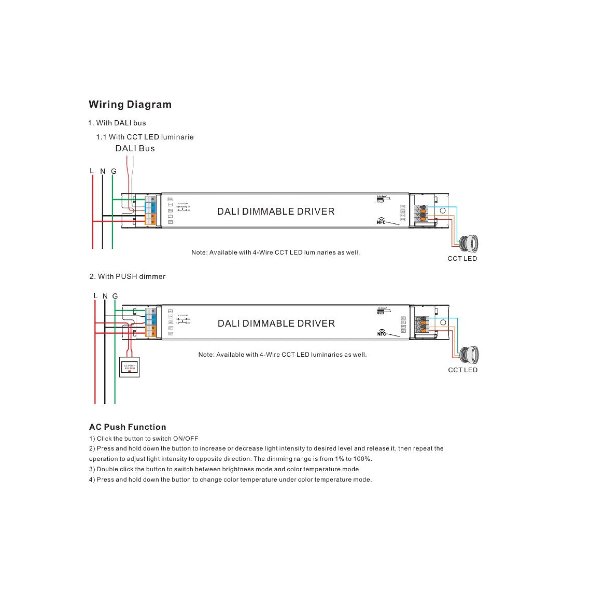 Driver regulable lineal DALI DT8 - CCT - 40W - Corriente constante - Salida 10-54V DC - 500-1050mA - NFC
