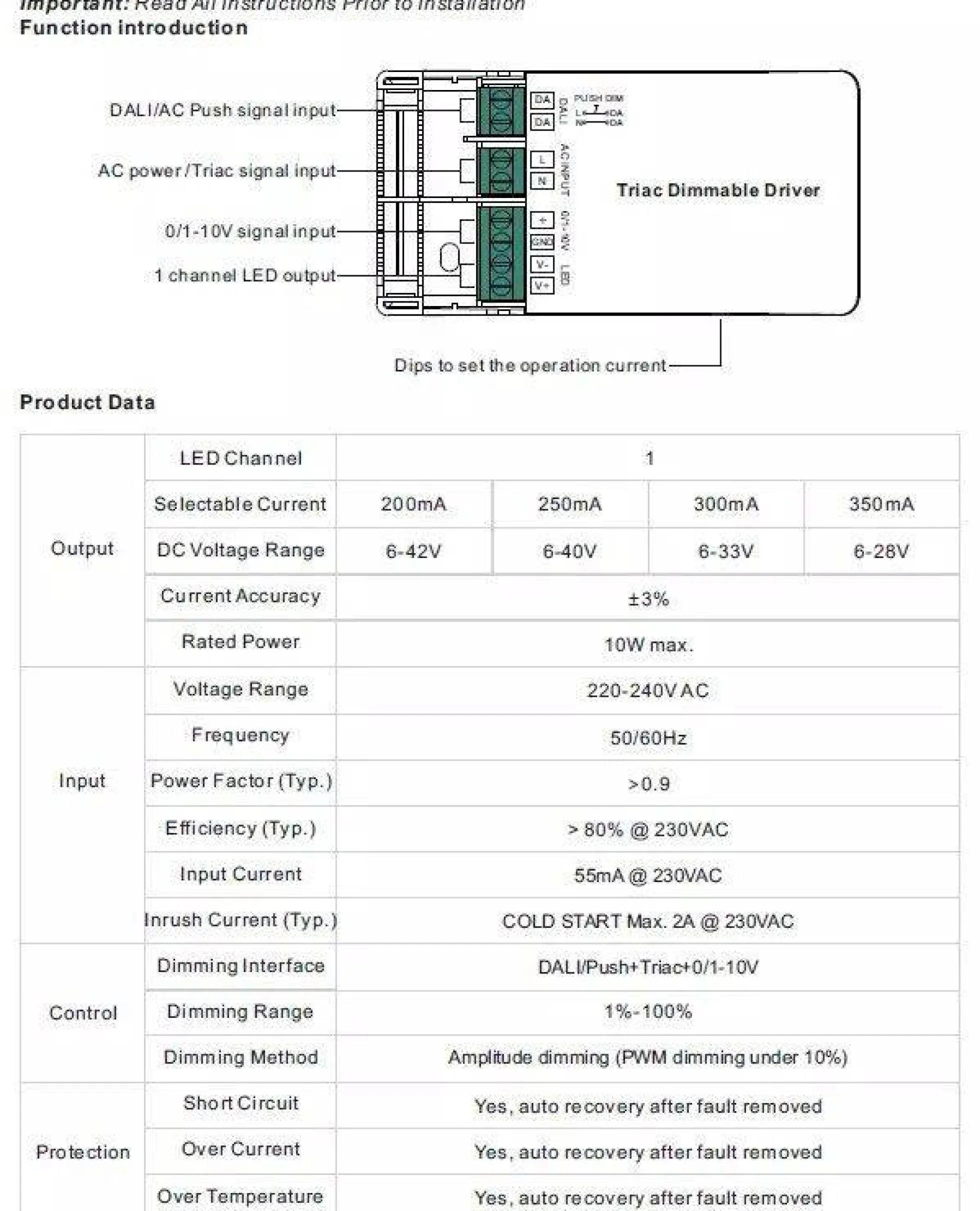 Driver regulable TRIAC DALI PUSH 0/1-10V 6-42V 10W multicorriente (200-350mA)