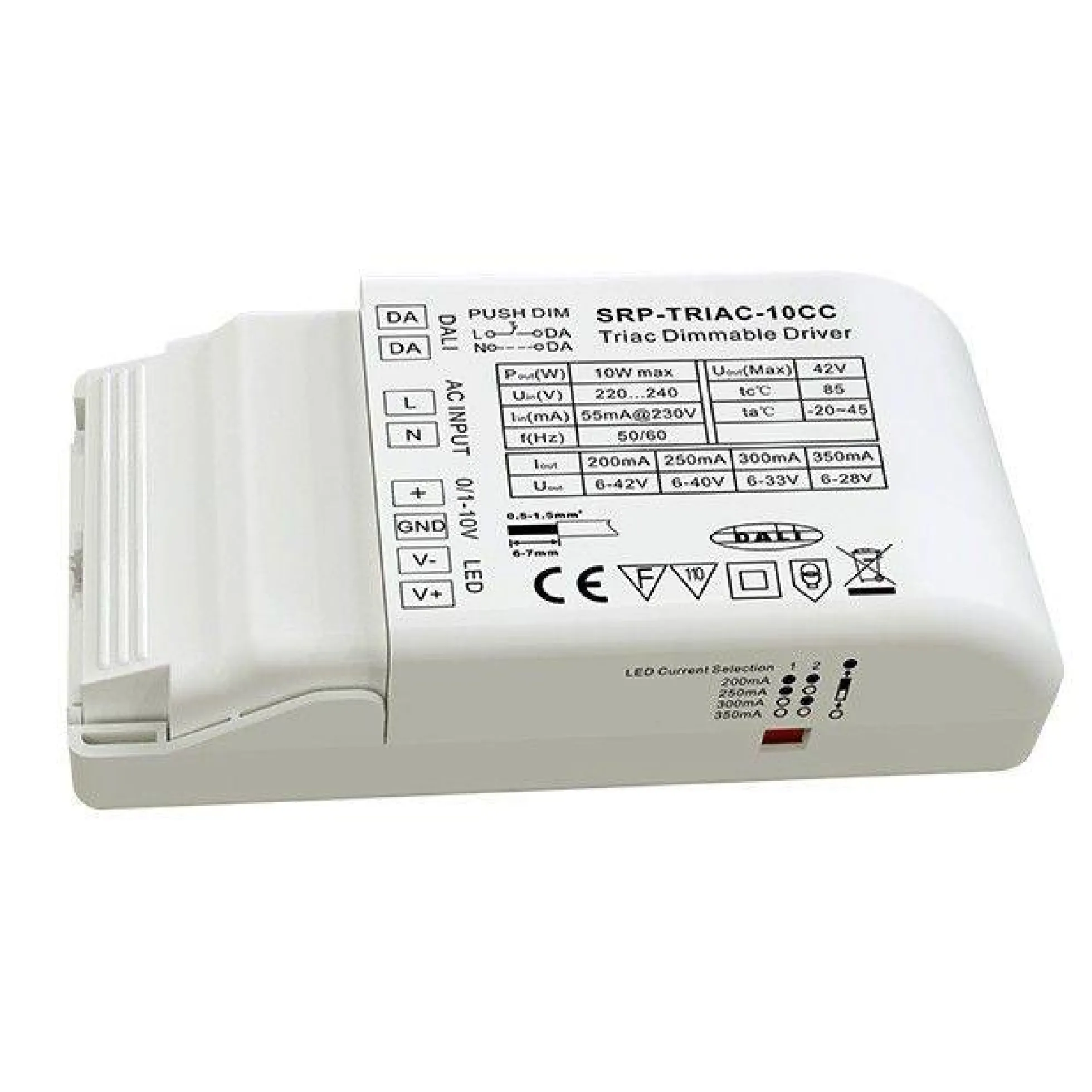 Driver regulable TRIAC DALI PUSH 0/1-10V 6-42V 10W multicorriente (200-350mA)
