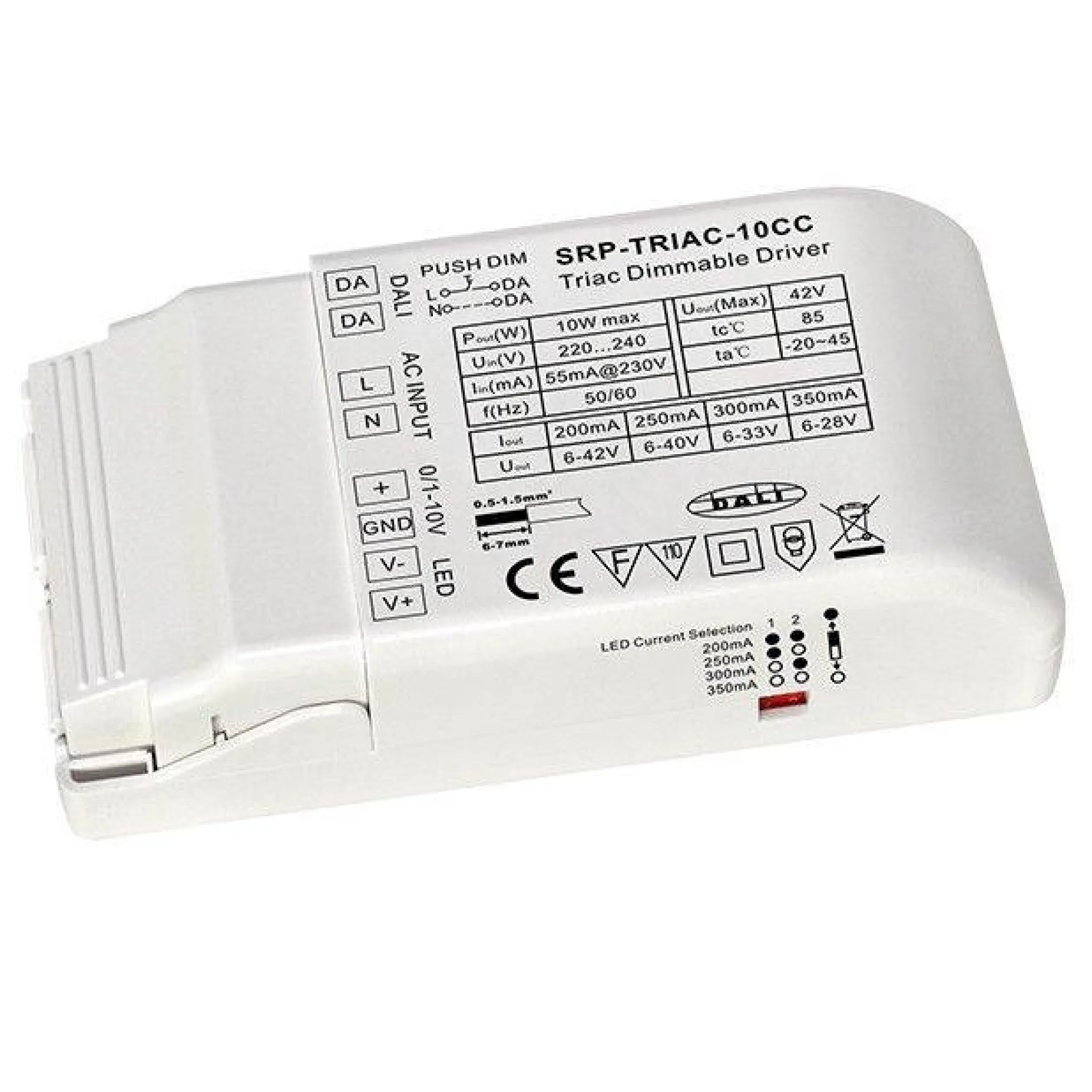 Driver regulable TRIAC DALI PUSH 0/1-10V 6-42V 10W multicorriente (200-350mA)