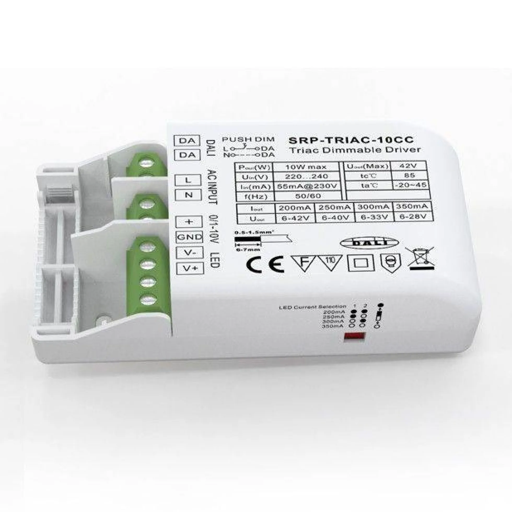 Driver regulable TRIAC DALI PUSH 0/1-10V 6-42V 10W multicorriente (200-350mA)