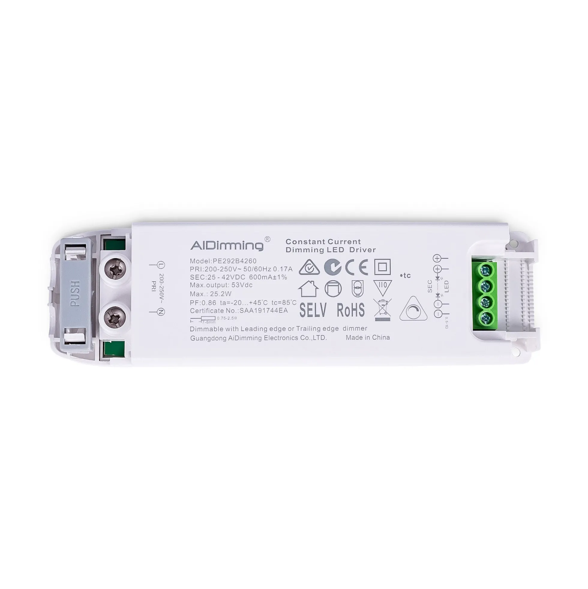 Driver regulable TRIAC 25-42V DC - 600mA - 25,2W