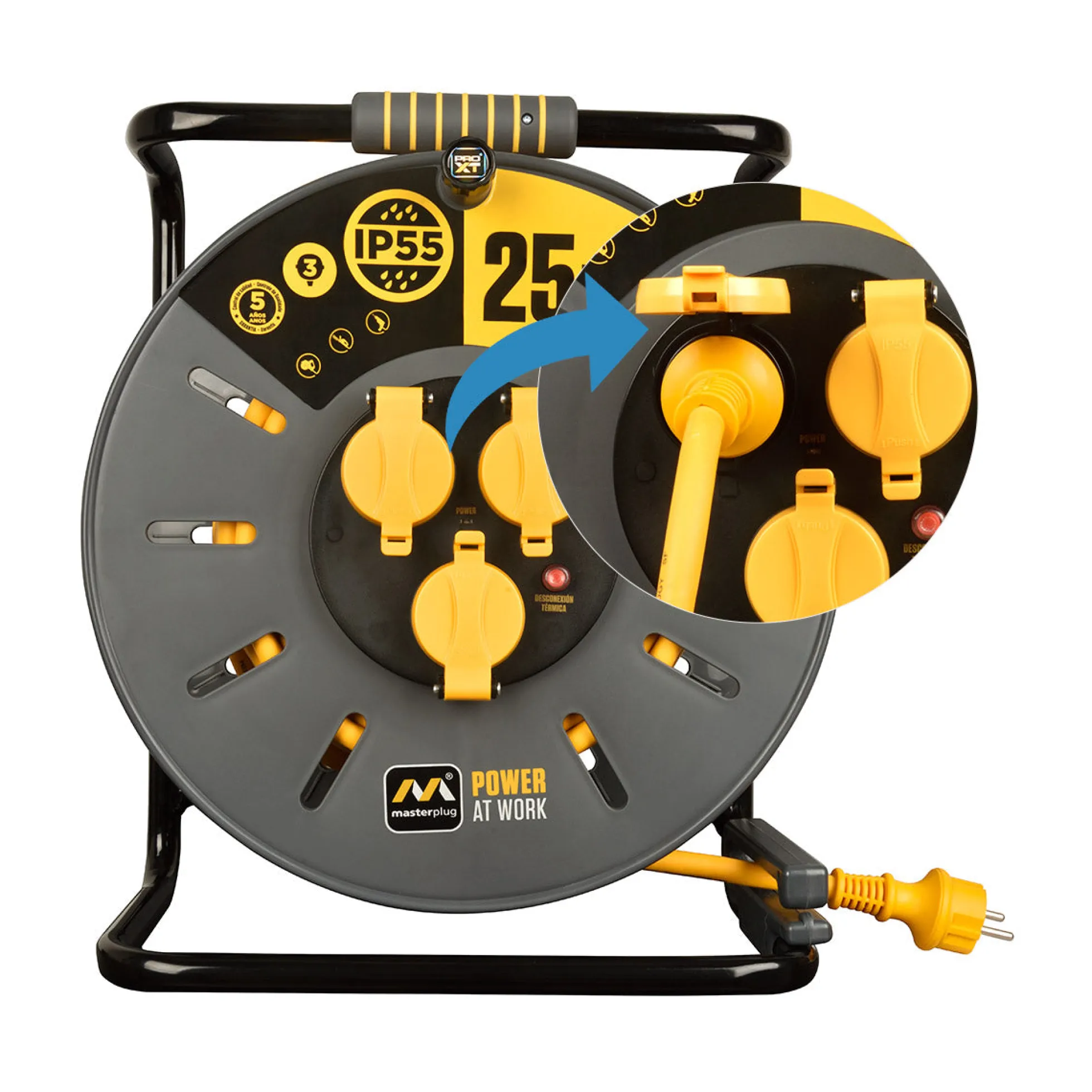 Enrollacables Pro-XT - 3 tomas - Cable alta visibilidad 3x2,5mm2 - 25m - IP55