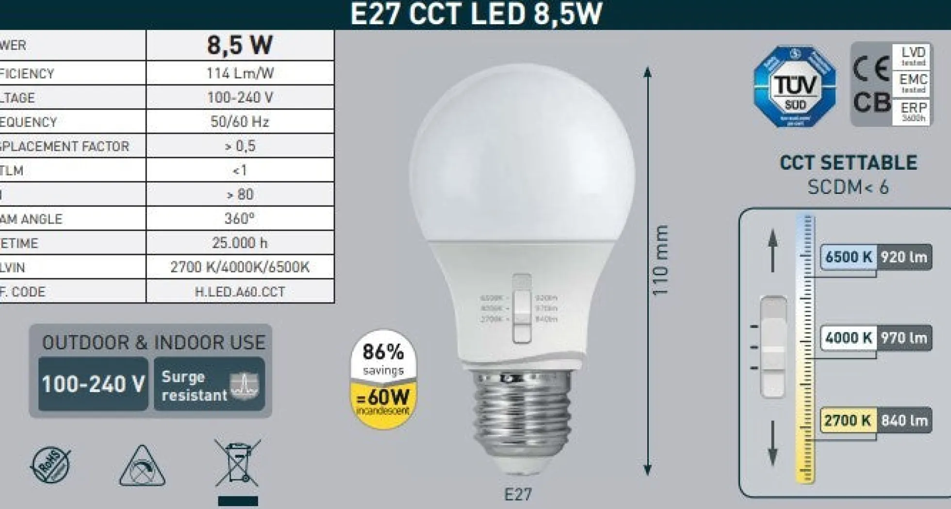 Farola exterior Fumagalli LED "GLOBO MIZAR/G250" 8.5W E27 - CCT